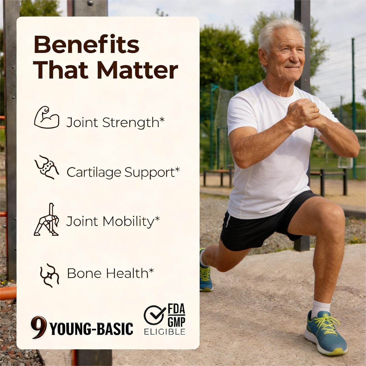 9 YOUNG-BASIC Glucosamine Chondroitin with Calcium + Vitamin D3 4-in-1 Health Supplement for Joint Repair, Sugar Free Vegan Tablets, 90 Tablets