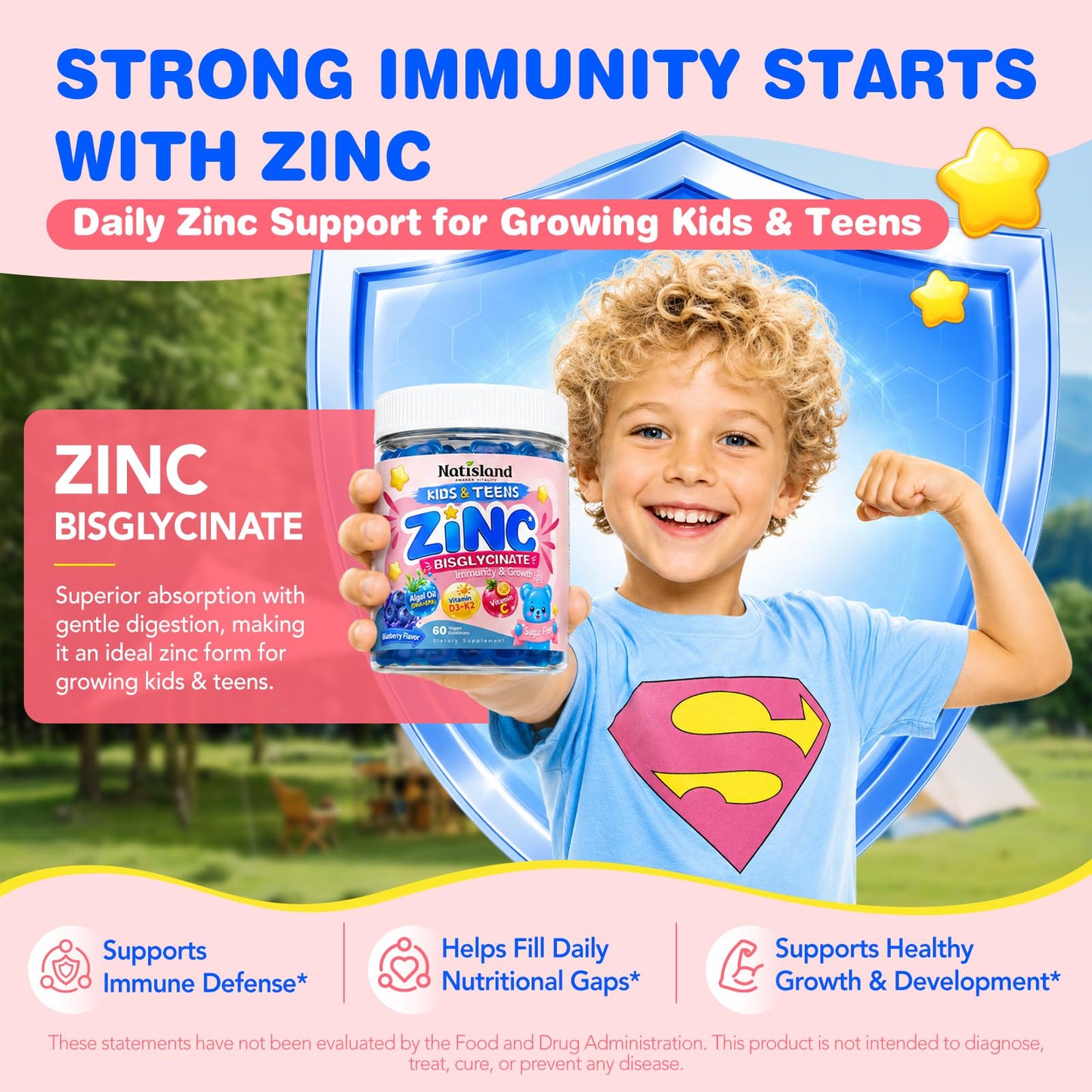 NATISLAND Zinc Bisglycinate Gummies for Kids & Teens 4+ - 60 Count