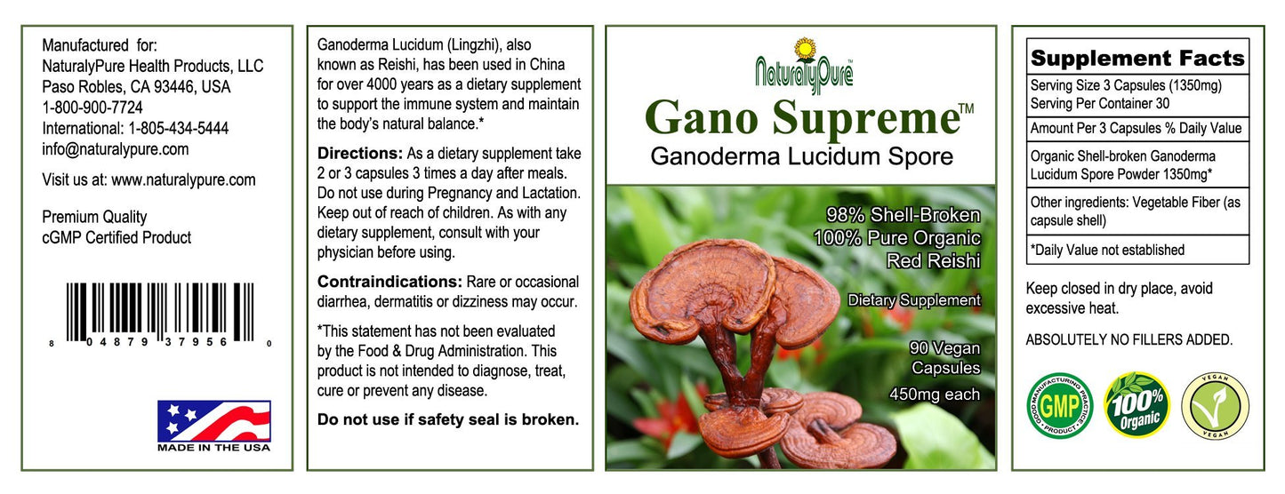 NaturalyPure Gano-Supreme Certified Organic Ganoderma Lucidum (Reishi) Spore Capsules 90 Count