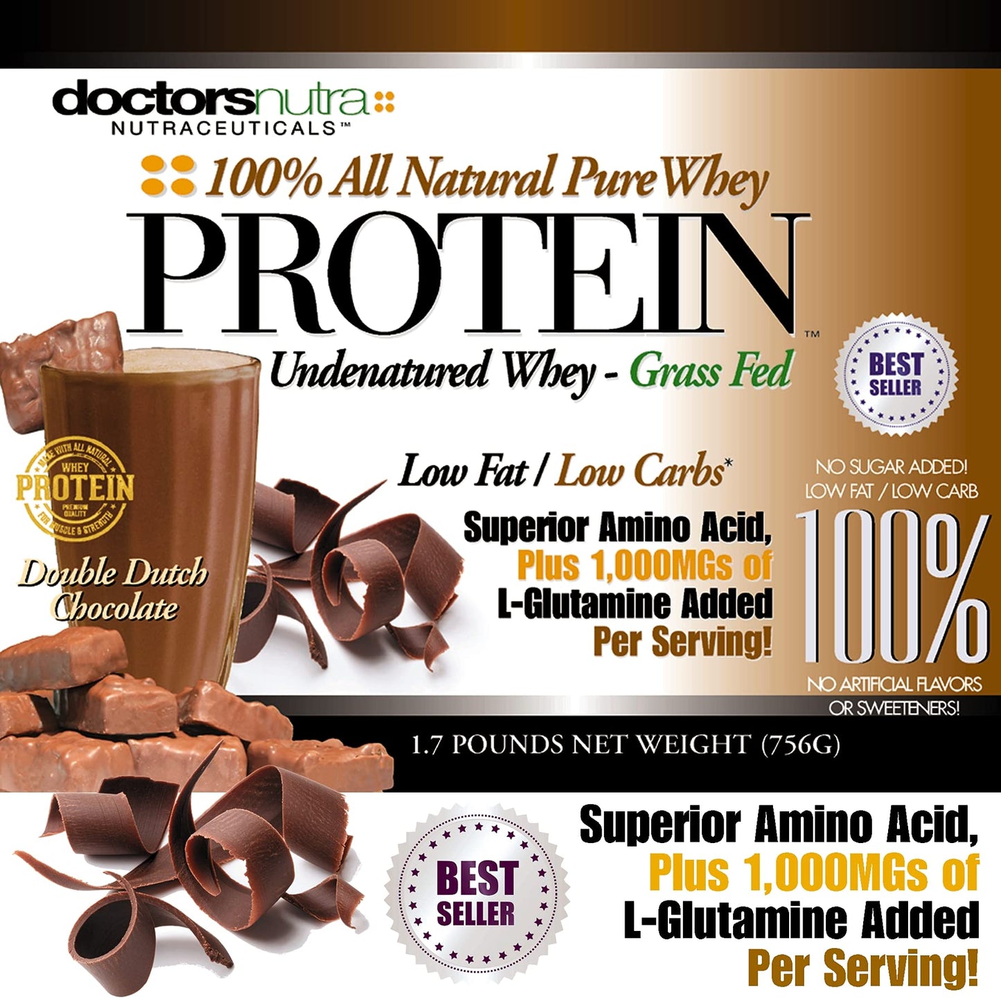 Doctors Nutra Nutraceuticals Pure Grass Fed Whey Protein Powder, Double Dutch Chocolate Flavor, Ultrafiltered, Low Carb, No Artificial Sweeteners or Flavors, with BCAAs and 1000 mg L-Glutamine, 1.7 Pound