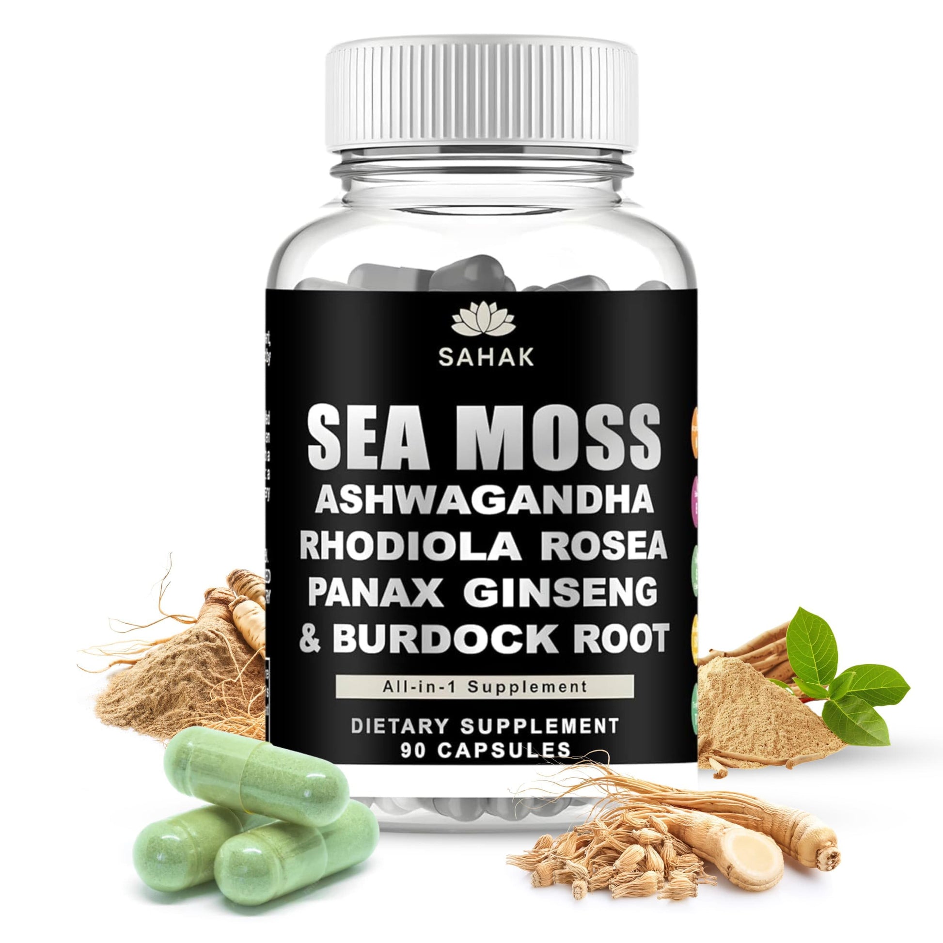 SAHAK Organic Sea Moss Capsules with Ashwagandha, Rhodiola, Panax Ginseng & Burdock Root, 90 Count