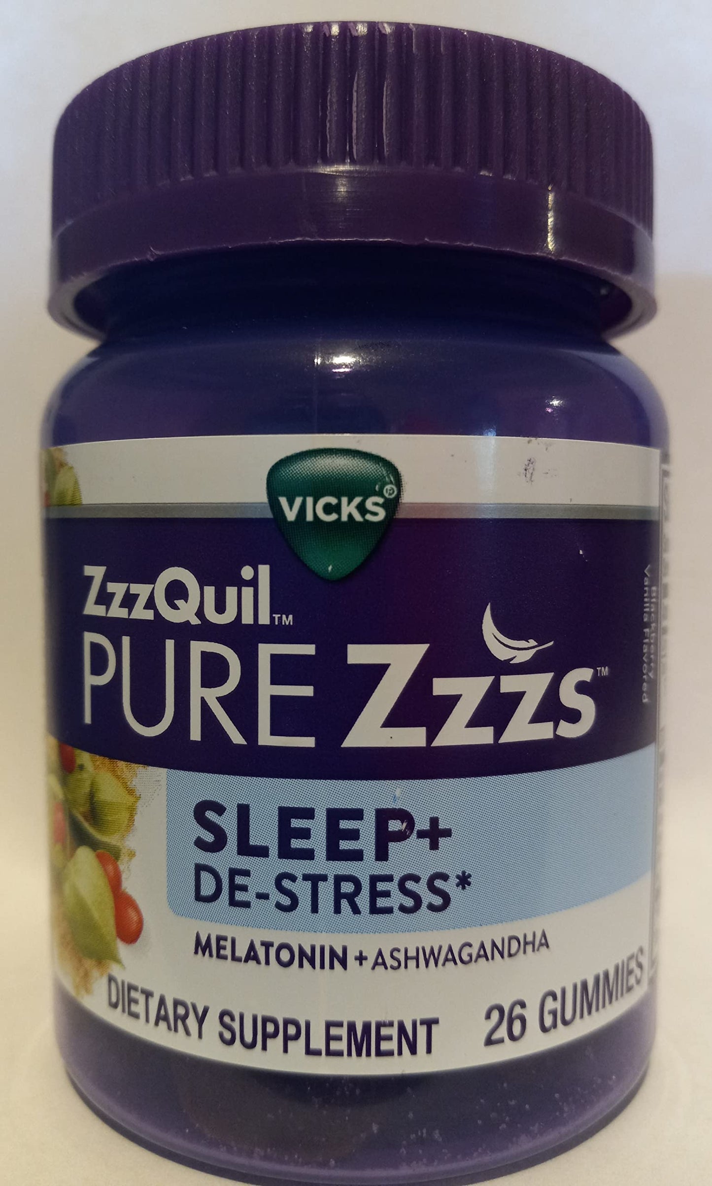 Vicks ZzzQuil Pure Zzzs Sleep + DE-Stress Melatonin + Ashwagandha Gummy, 26 Gummies