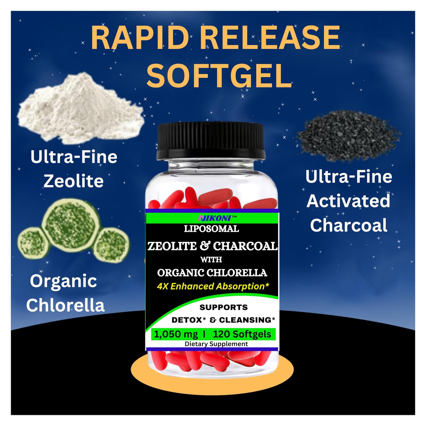 Nikoni Liposomal Zeolite, Activated Charcoal & Organic Chlorella Detox Softgels, 240 Count