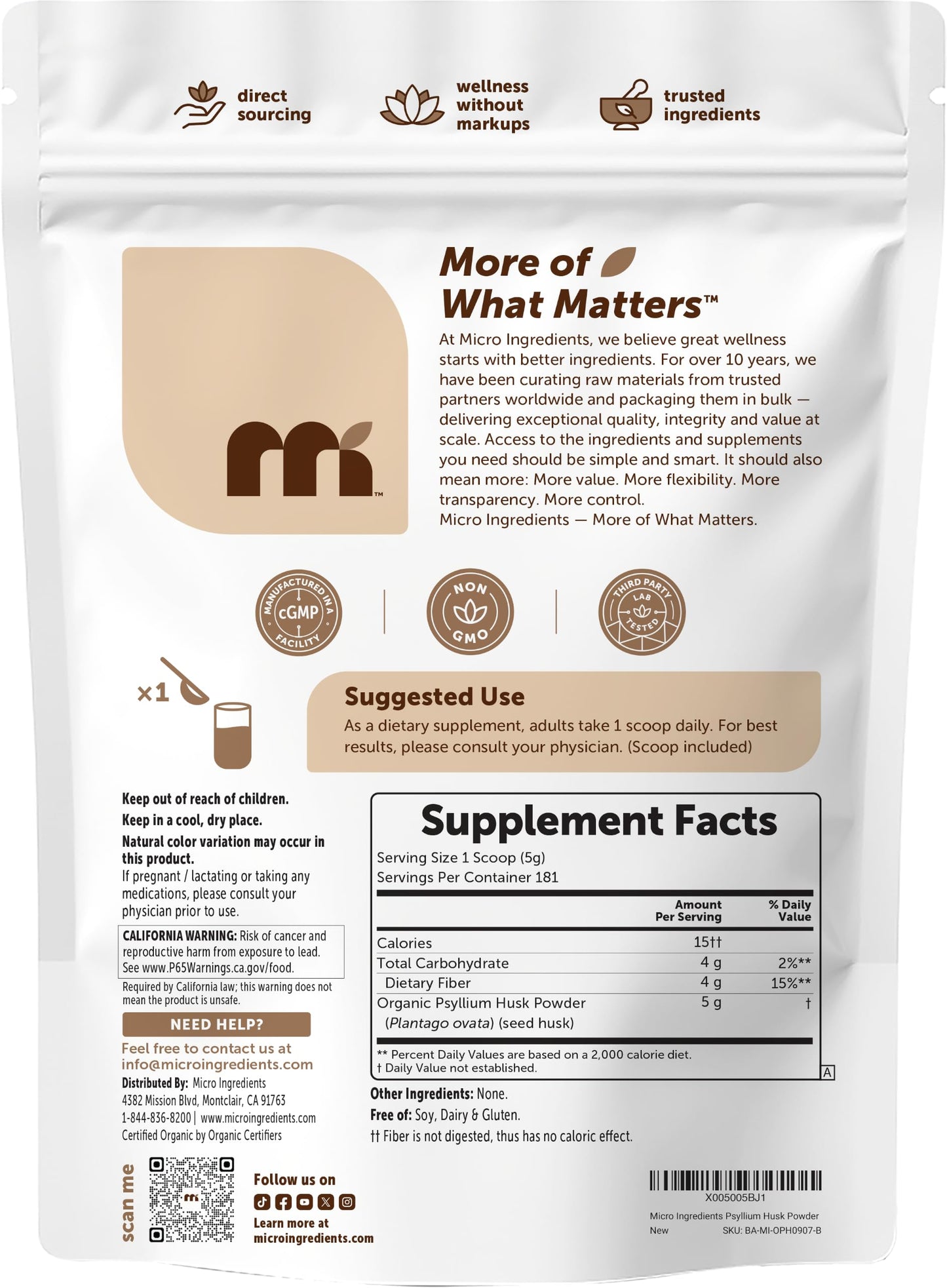 Micro Ingredients Organic Psyllium Husk Powder, 32 oz