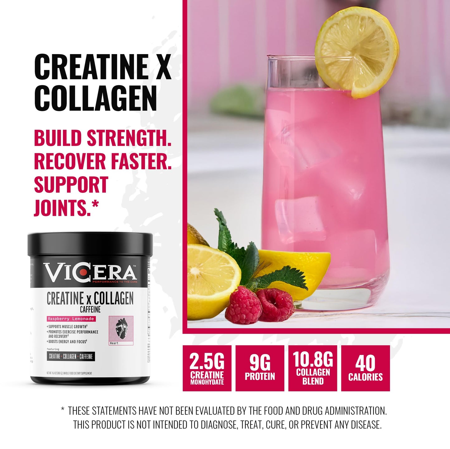 VICERA Creatine x Collagen x Caffeine Powder, Raspberry Lemonade Flavor, 16.4 Oz