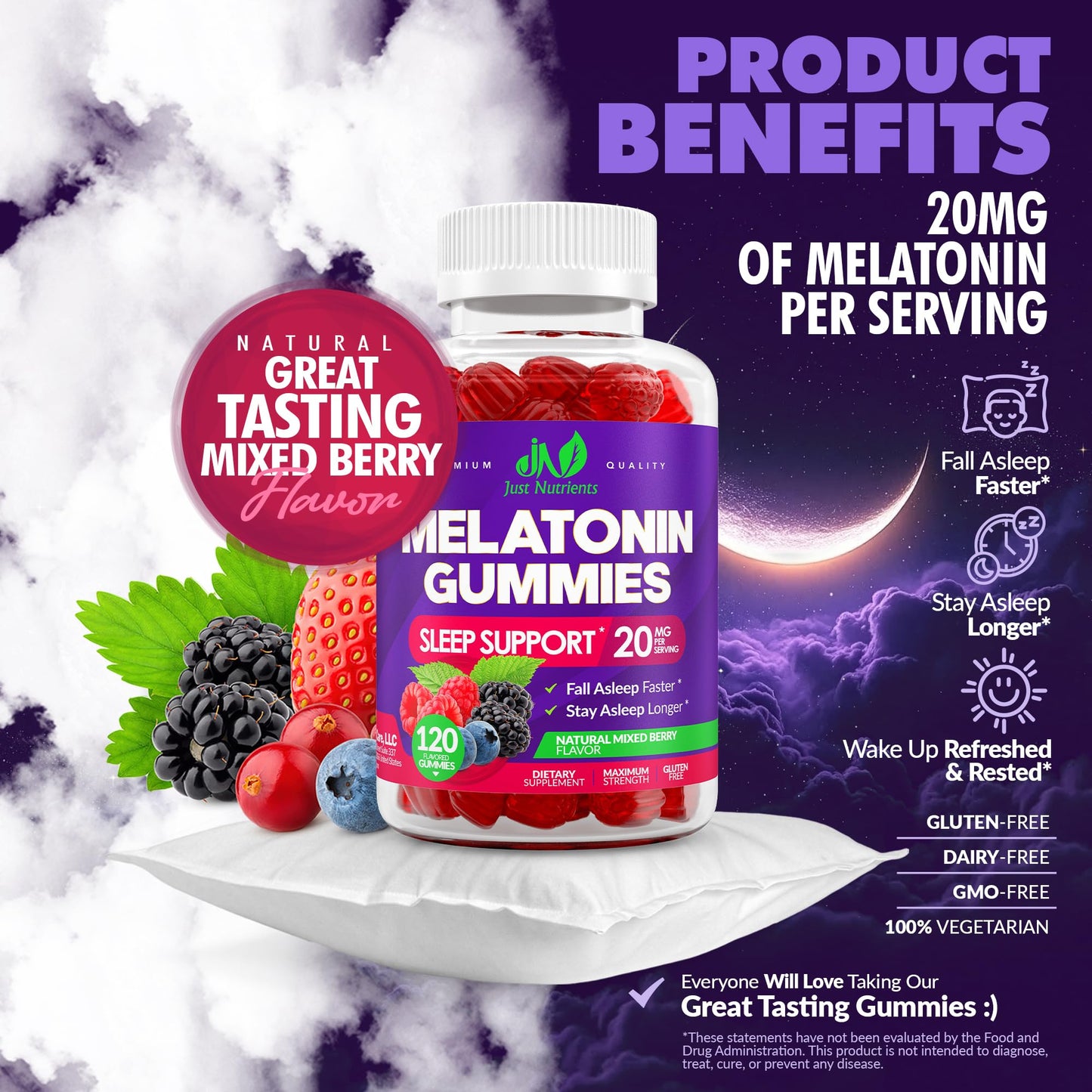 Just Nutrients Melatonin 20mg Gummies, 120 Count