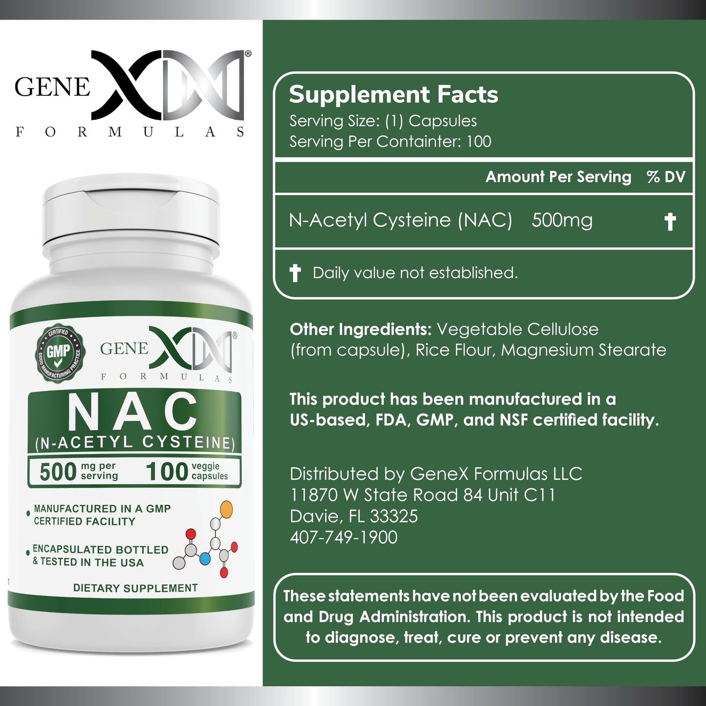 Genex Formulas NAC 500mg N-Acetyl Cysteine Capsules, 100 Count