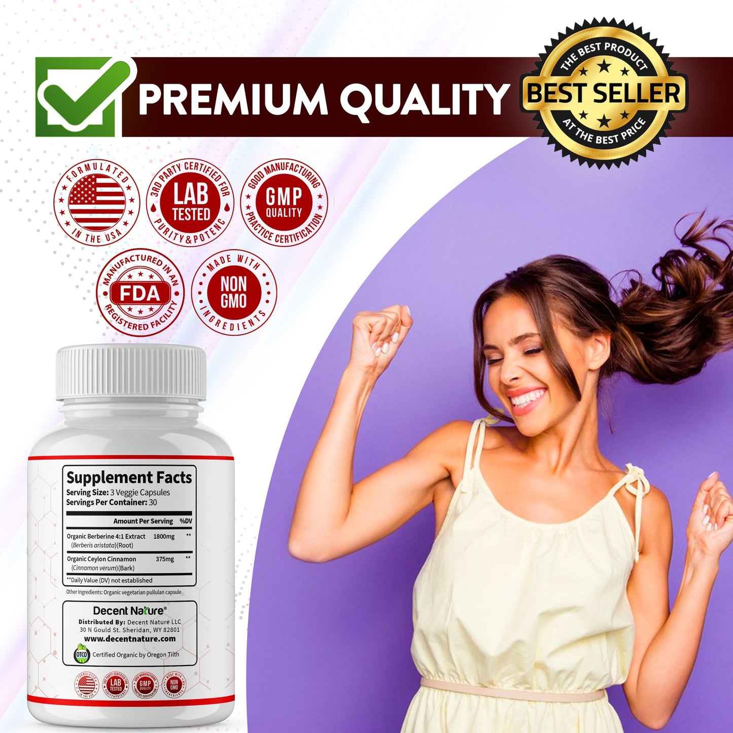 Organic Berberine with Ceylon Cinnamon 2175mg - Premium berberine supplement high purity extract USDA Organic, support immune system, Berberine Plus Complex, Non-GMO Vegan for Men Women 90 Capsules