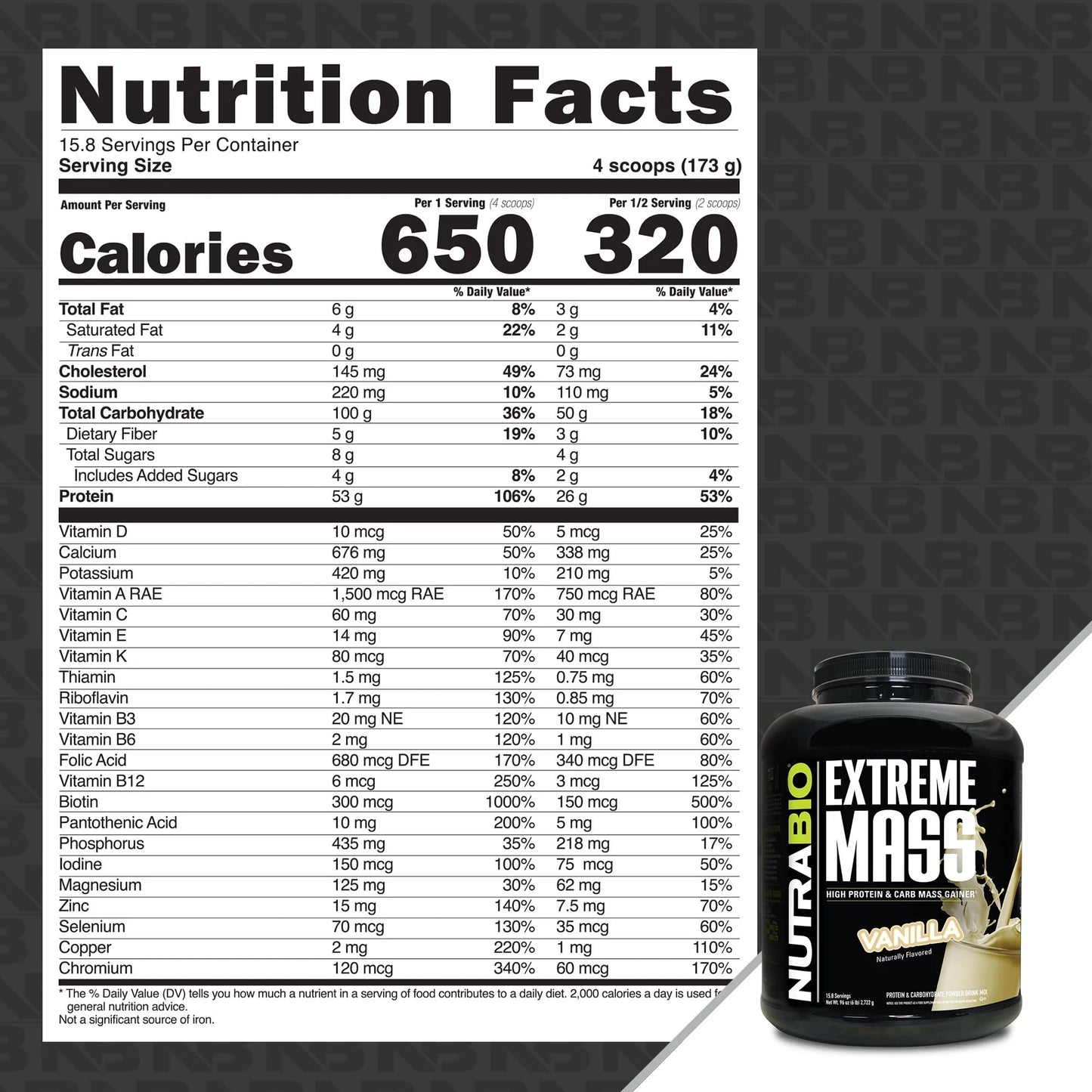 NutraBio Extreme Mass Gainer Protein Powder - Vanilla, 96 Servings