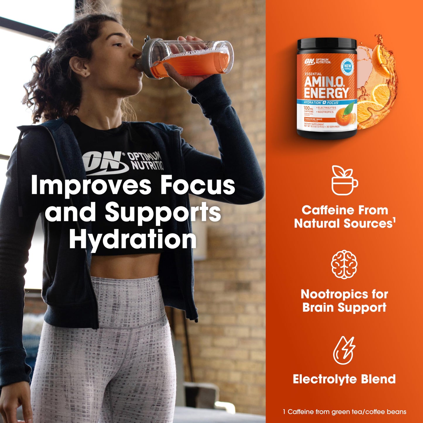 Optimum Nutrition Amino Energy Powder Plus Hydration with BCAA, Electrolytes, and Caffeine, Tangerine Wave, 60.3 Servings