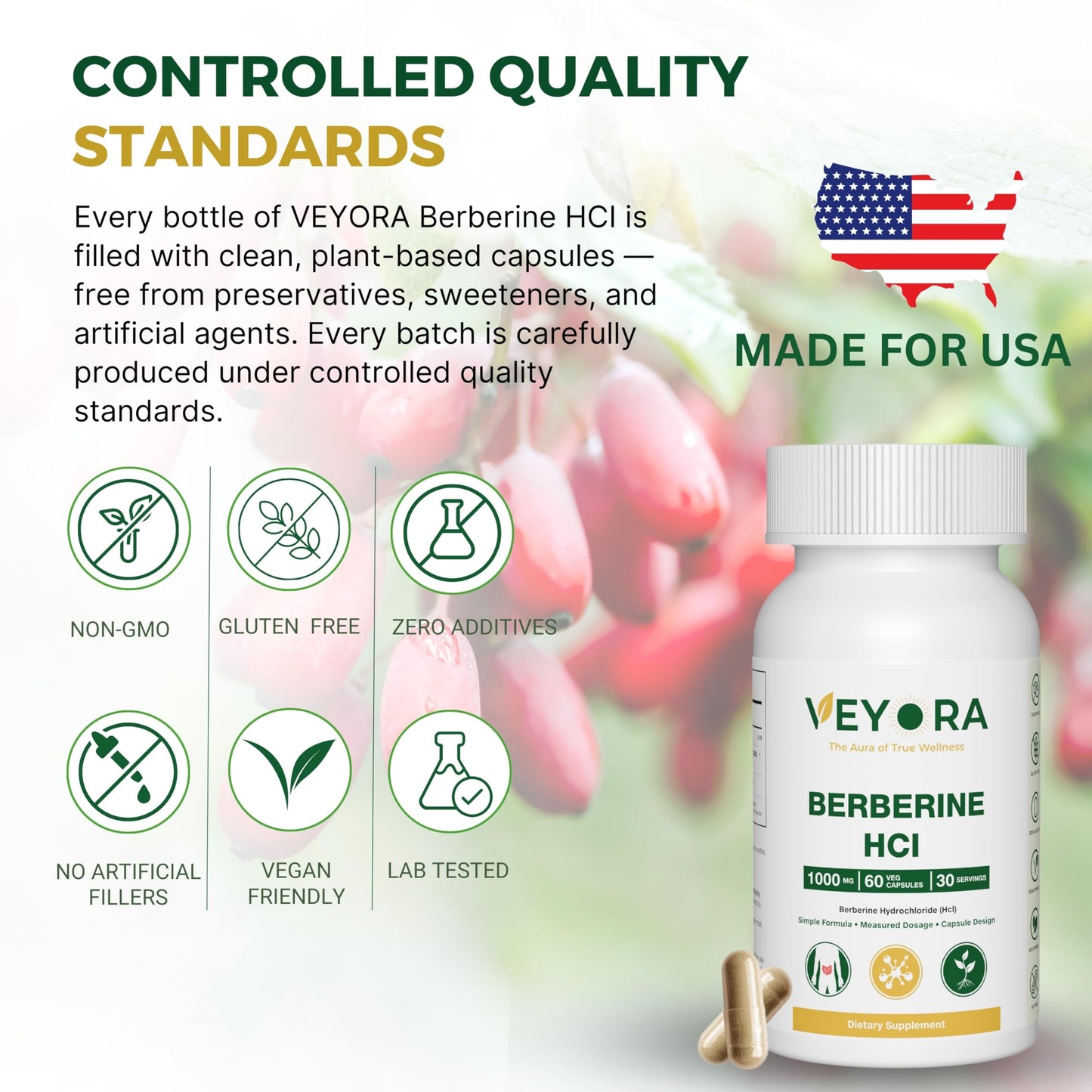 VEYORA Berberine HCl 1000 mg Capsules, 60 Count