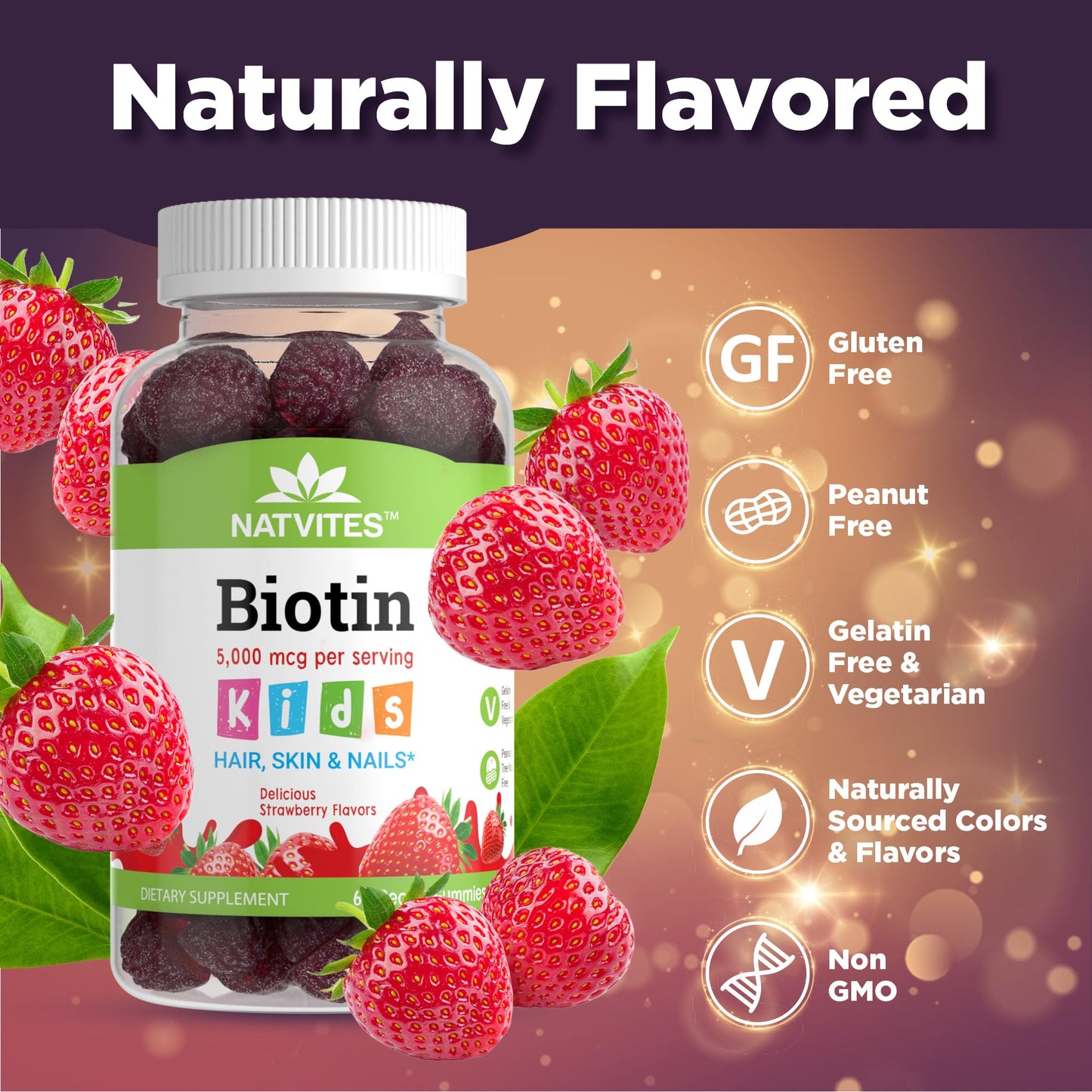 Natvites Kids Biotin Gummies for Hair Growth Support, 60 Count
