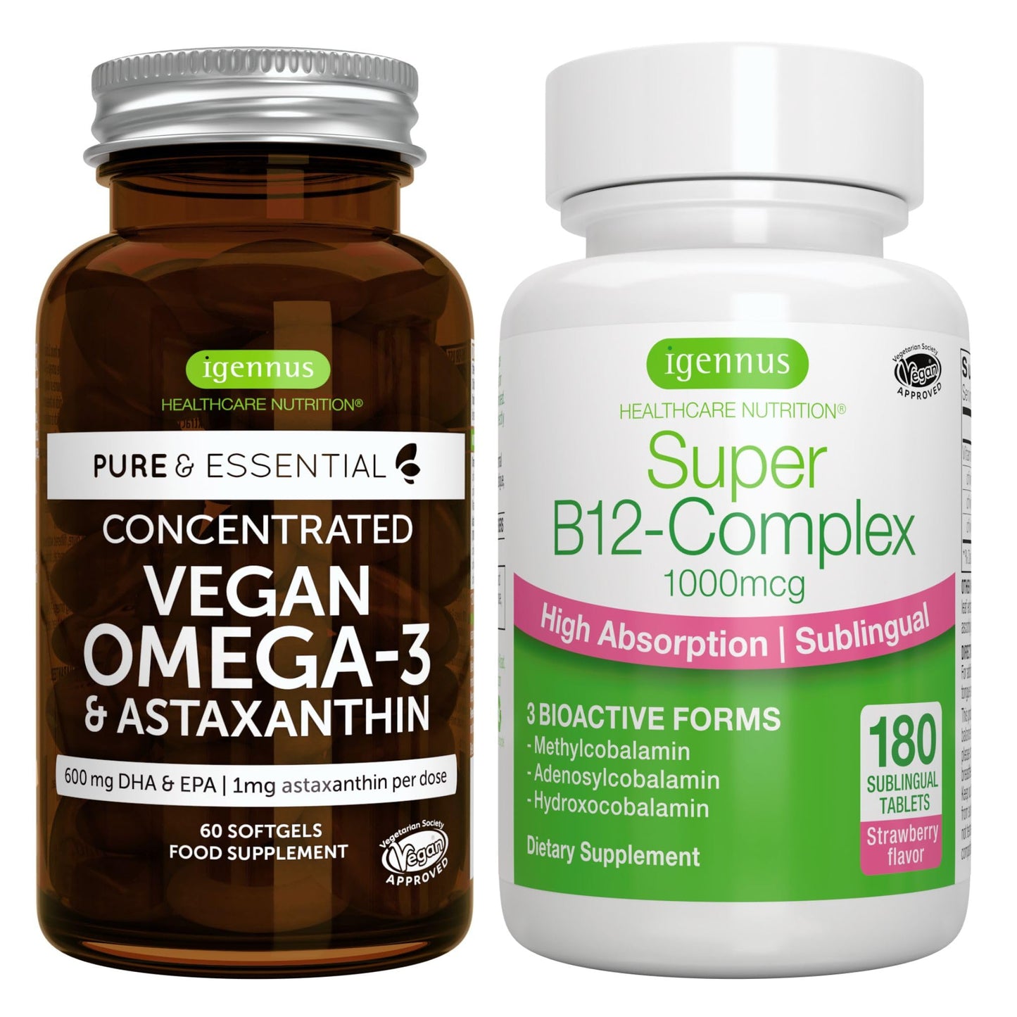 Igennus Healthcare Nutrition Vegan Omega-3 + Super B12-Complex 1000mcg Bundle with Algae Oil 1340mg Capsule 240