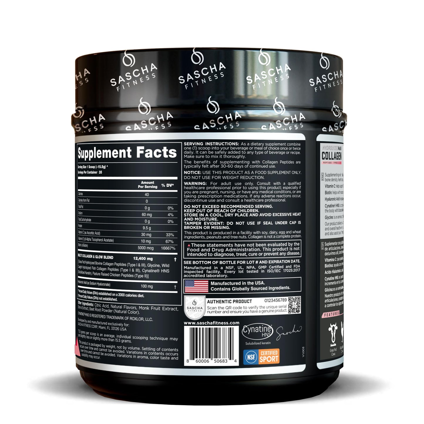 SASCHA FITNESS Hydrolyzed Multi Collagen Peptides Types 1, 2 & 3 Powder 1.08 lb