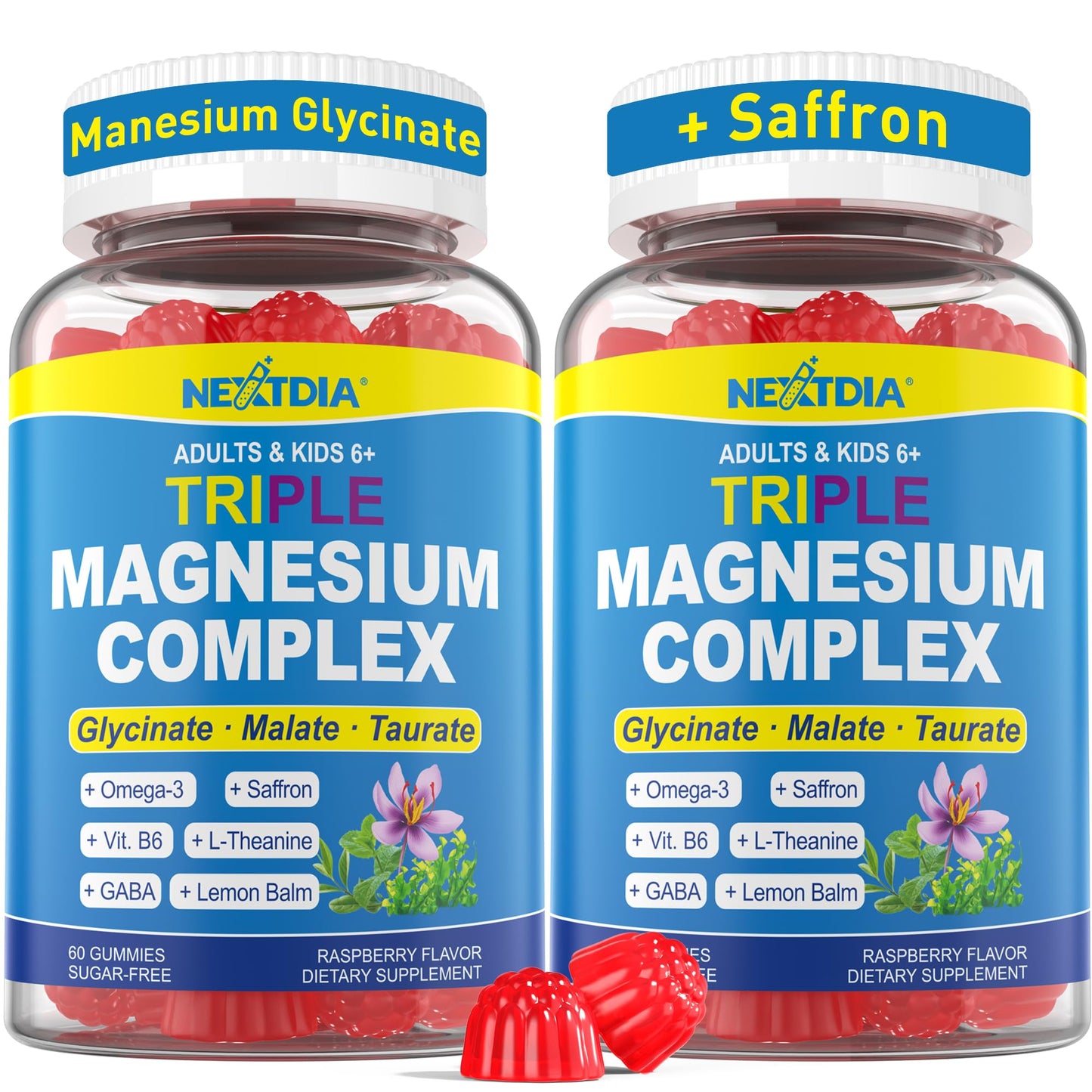 Nextdia Magnesium Glycinate Calm Focus Gummies with Omega-3 + Saffron for Kids 6+ & Adults, Triple Complex Magnesium 500mg/250mg (Glycinate, Malate, Taurate) with Theanine, B6, GABA, Lemon Balm, Sugar Free, 120 Gummies