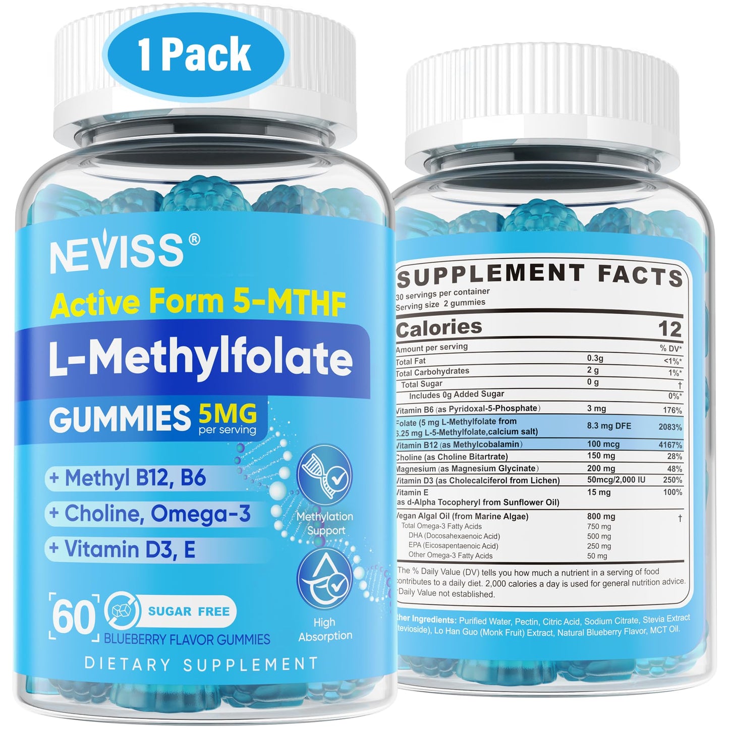 NEVISS L-Methylfolate Gummies & Methyl B12 5-MTHF, 60 Count