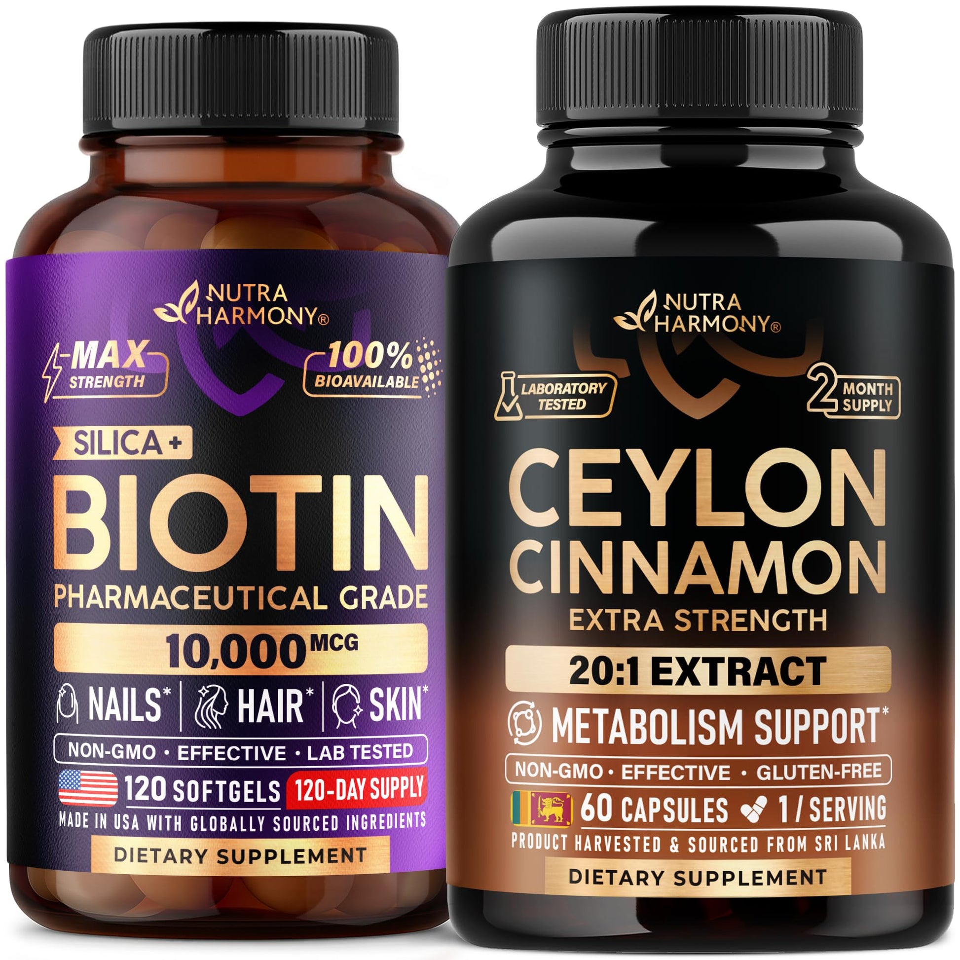 NUTRAHARMONY Ceylon Cinnamon Capsules & Biotin with Silicon Softgels, 180 Count