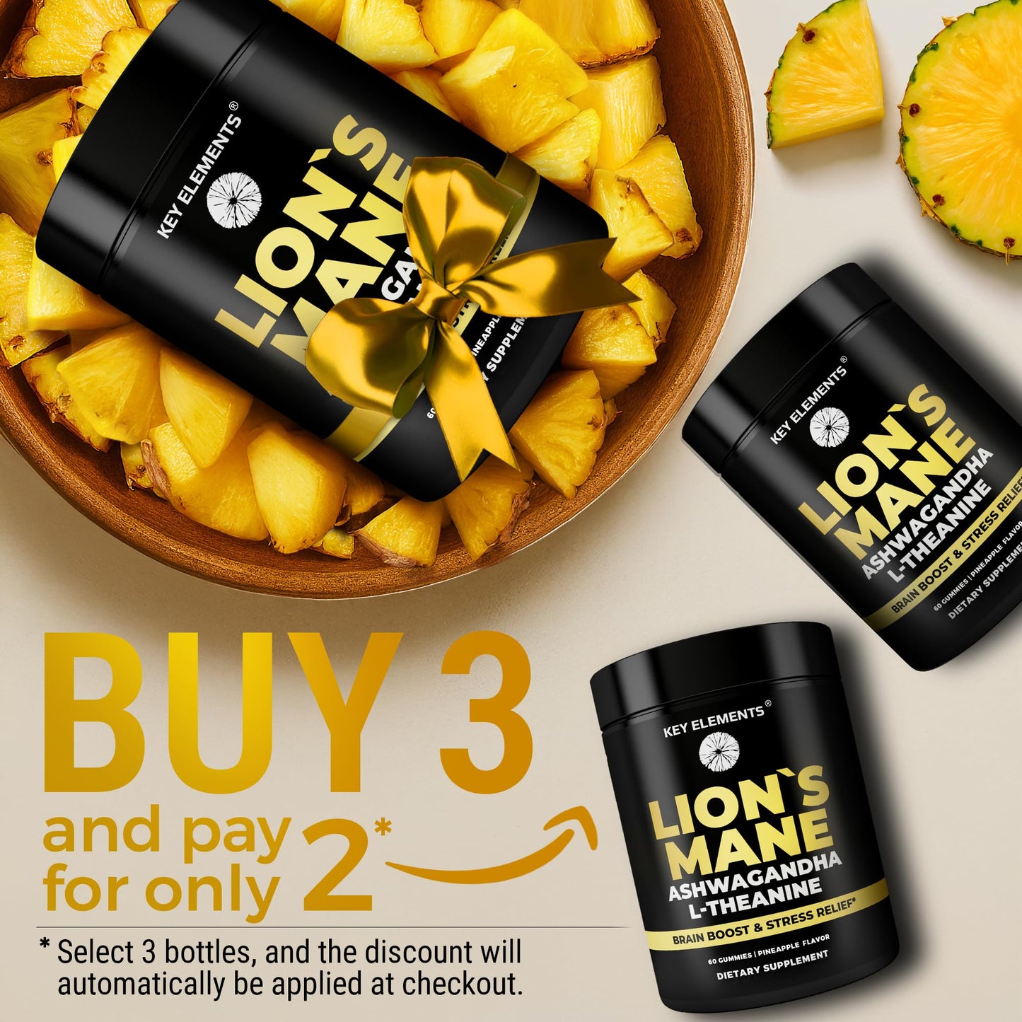 KEY ELEMENTS High Strength Organic Lion's Mane Mushroom with Ashwagandha & L-Theanine, 60 Gummies