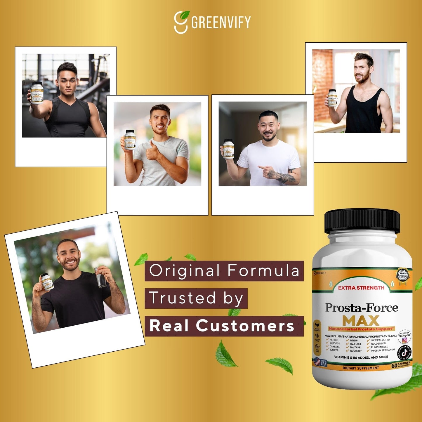 GREENVIFY Prosta-Force Max Extra Strength Prostate Support Natural Herbal Supplement with Saw Palmetto, Pygeum, Plant Sterols, 60 Capsules