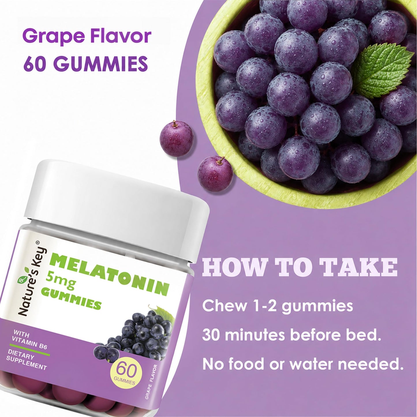 Nature's Key Melatonin Gummies 5mg with Vitamin B6, Sleep Support, 60 Count