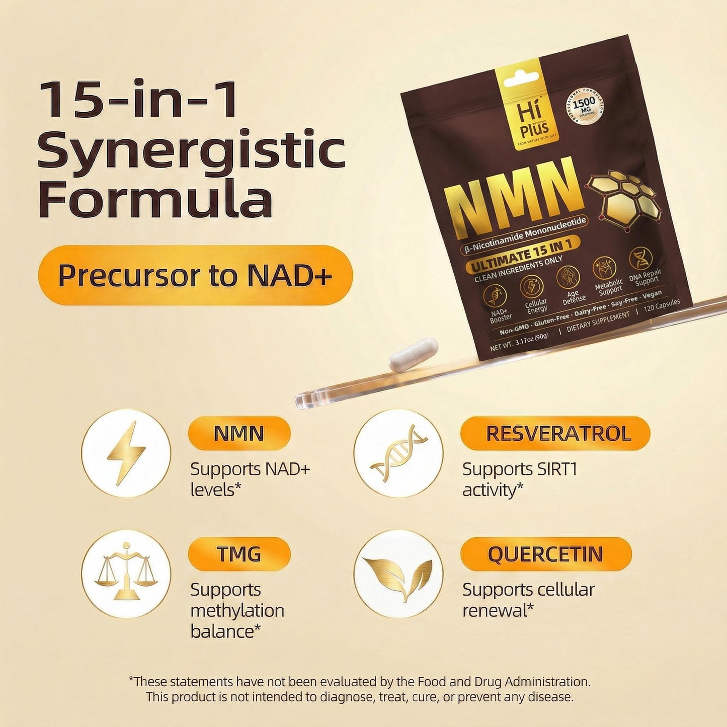 HiPlus NMN Supplement 1500mg per Serving 15-in-1 Complex Formula with Nicotinamide Mononucleotide, CoQ10, Quercetin, TMG, Resveratrol Supports Cellular Energy & NAD+ Balance 120 Capsules