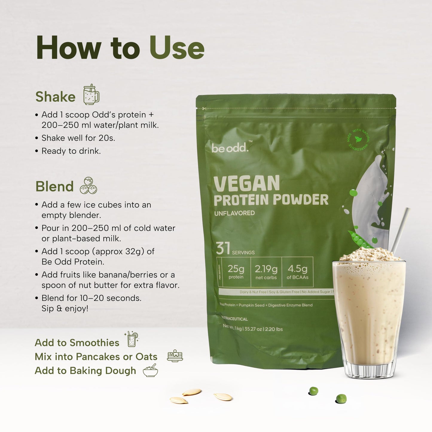 BE ODD Vegan Protein Powder Unflavored, 35 Servings