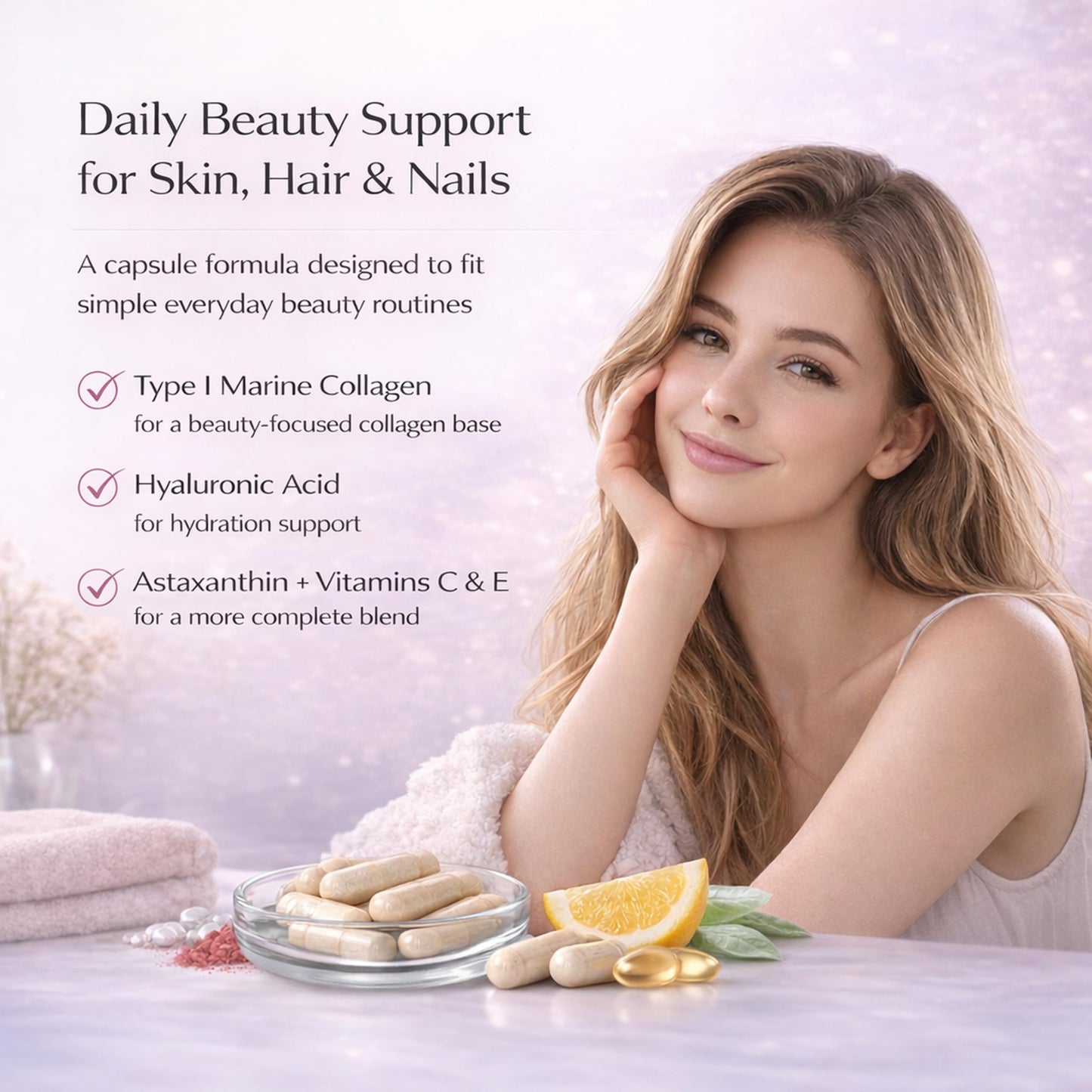 LivingRock Marine Beauty Collagen Complex for Skin, Hair & Nails with Type 1 Marine Collagen, Hyaluronic Acid, Astaxanthin, Vitamins C & E, 90 Capsules