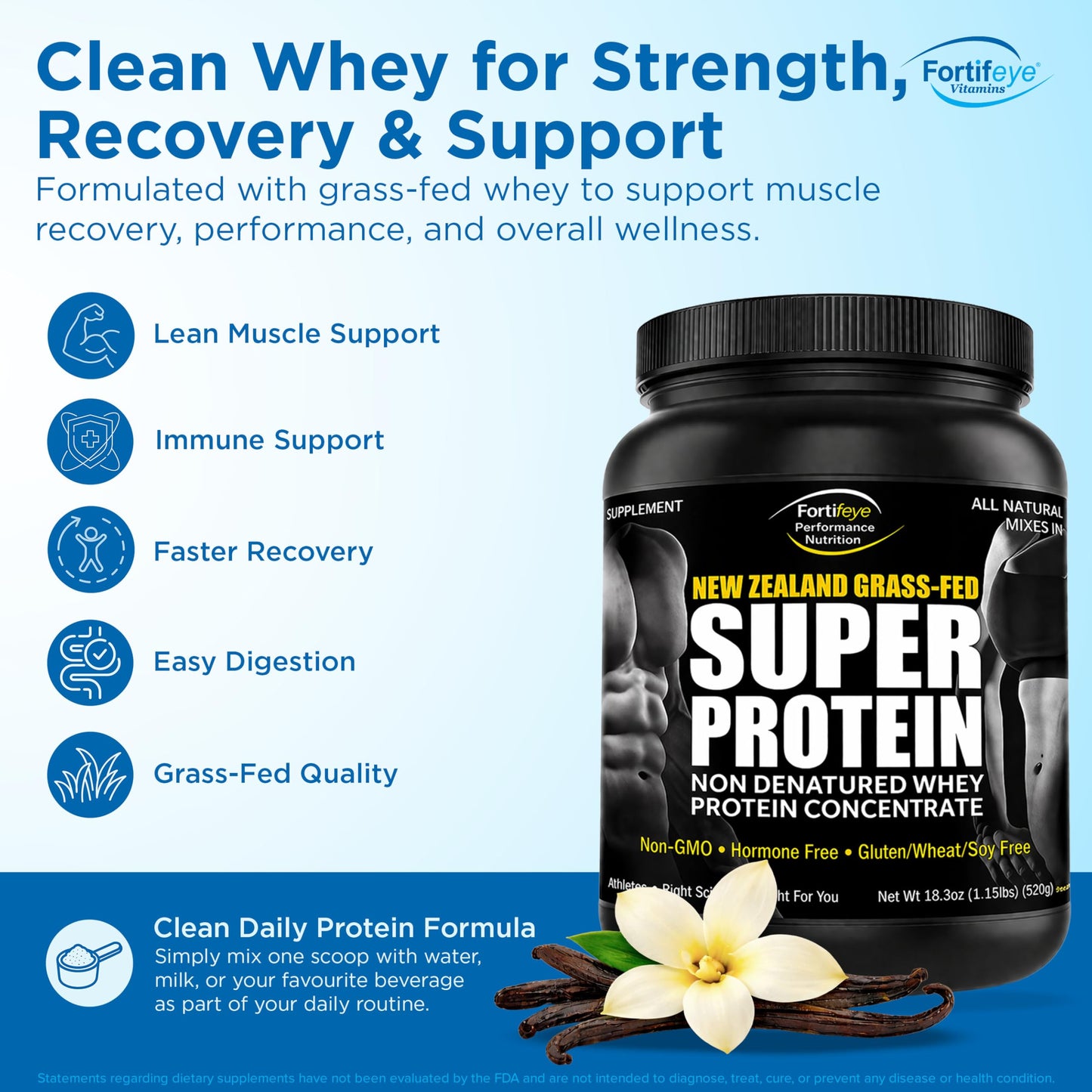 Fortifeye Vitamins Whey Protein Powder Vanilla Flavor, New Zealand Grass-Fed, 3 Pack