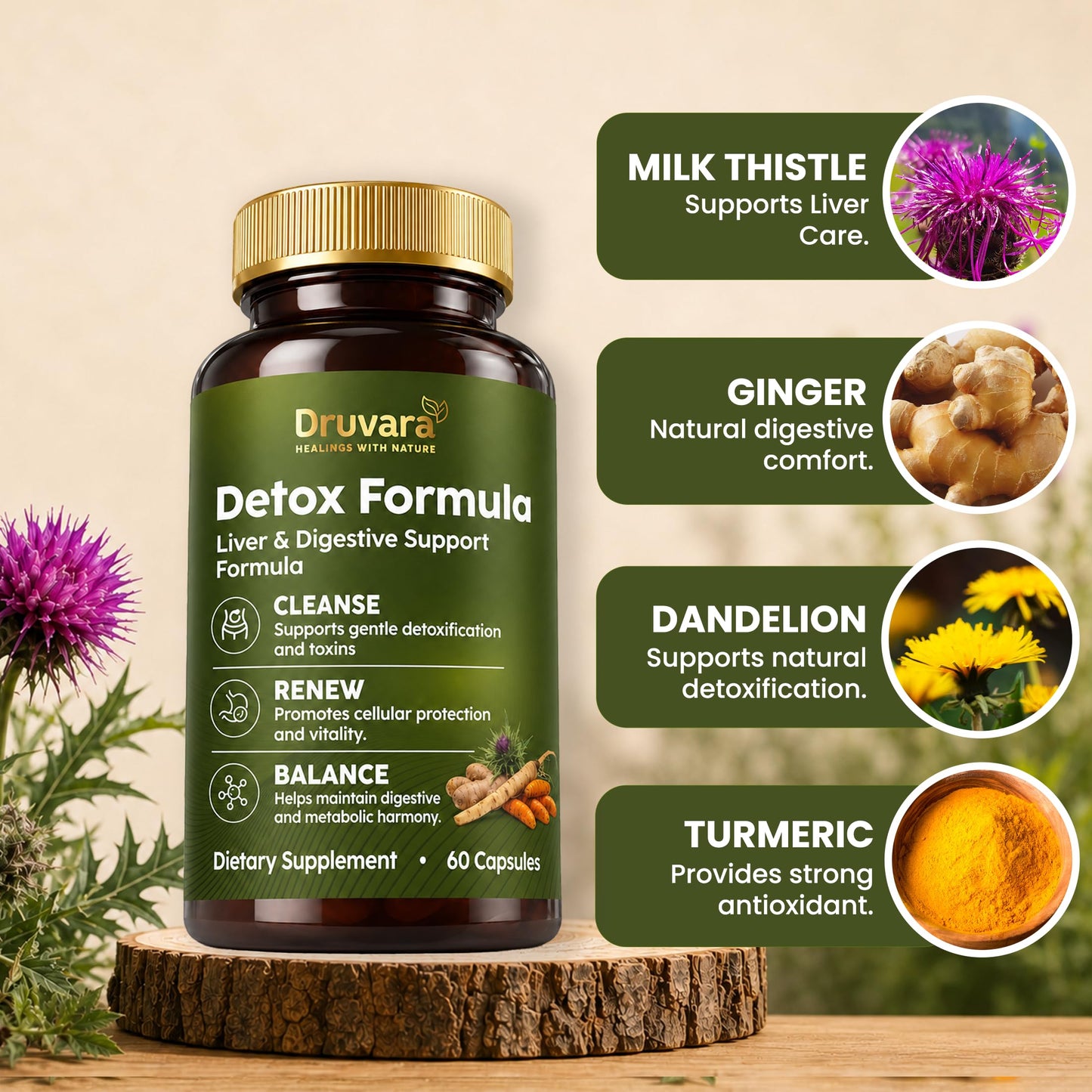 Druvara Detox Capsules with Milk Thistle, Dandelion Root & Herbal Blend, Natural Liver Detox Supplement, Digestion & Energy Support, 60 Capsules