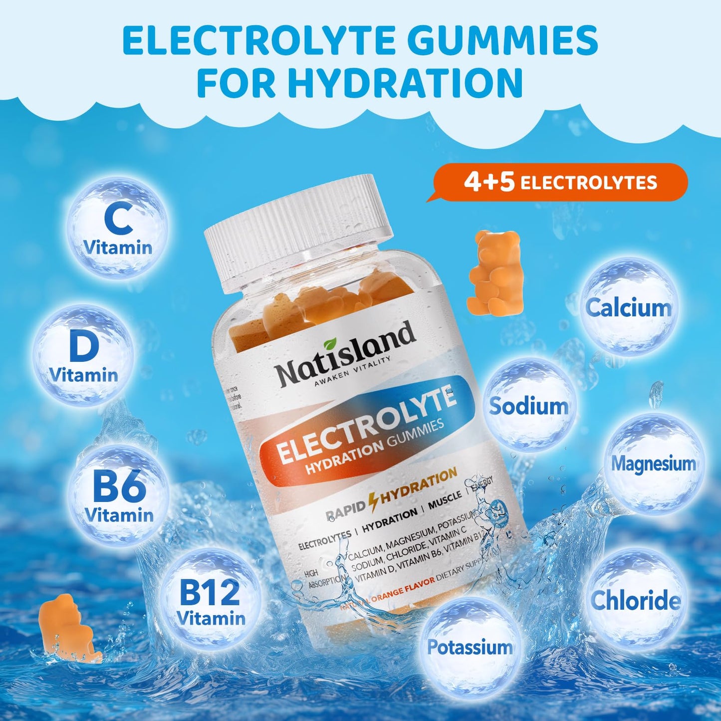 NATISLAND Electrolyte Gummies for Hydration Gummy 60 Chews