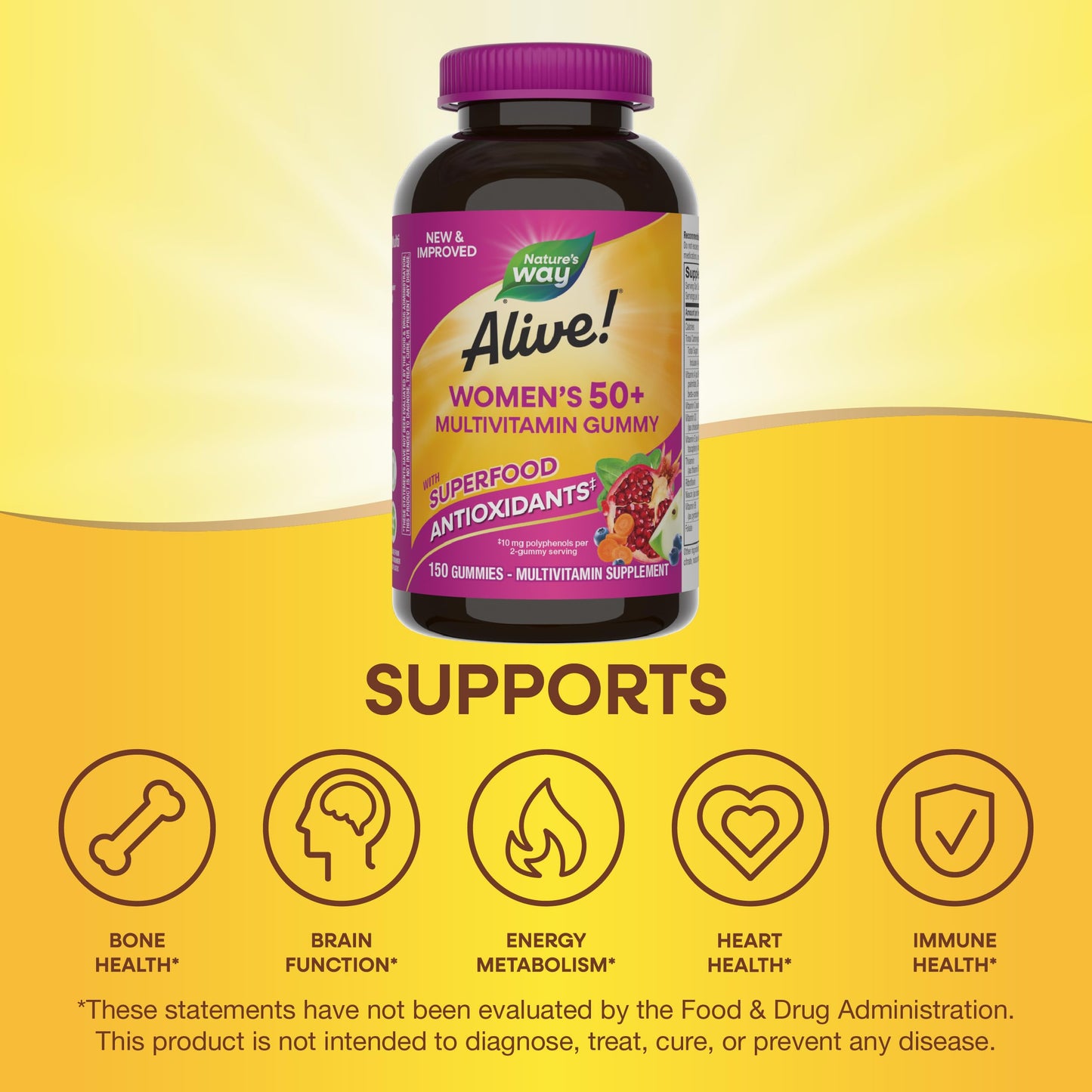 Nature's Way Alive! Women’s 50 Plus Multivitamin Gummy, Daily Chewable Multivitamins with B-Vitamins, Vitamin D3, Calcium, Supports Heart, Brain & Bone Health,* Mixed Berry Flavored, 150 Count