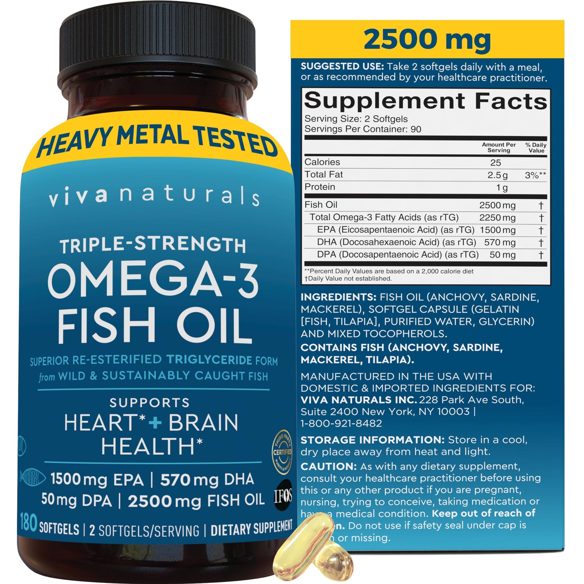 Viva Naturals Triple Strength Omega 3 Fish Oil Softgels, 180 Count
