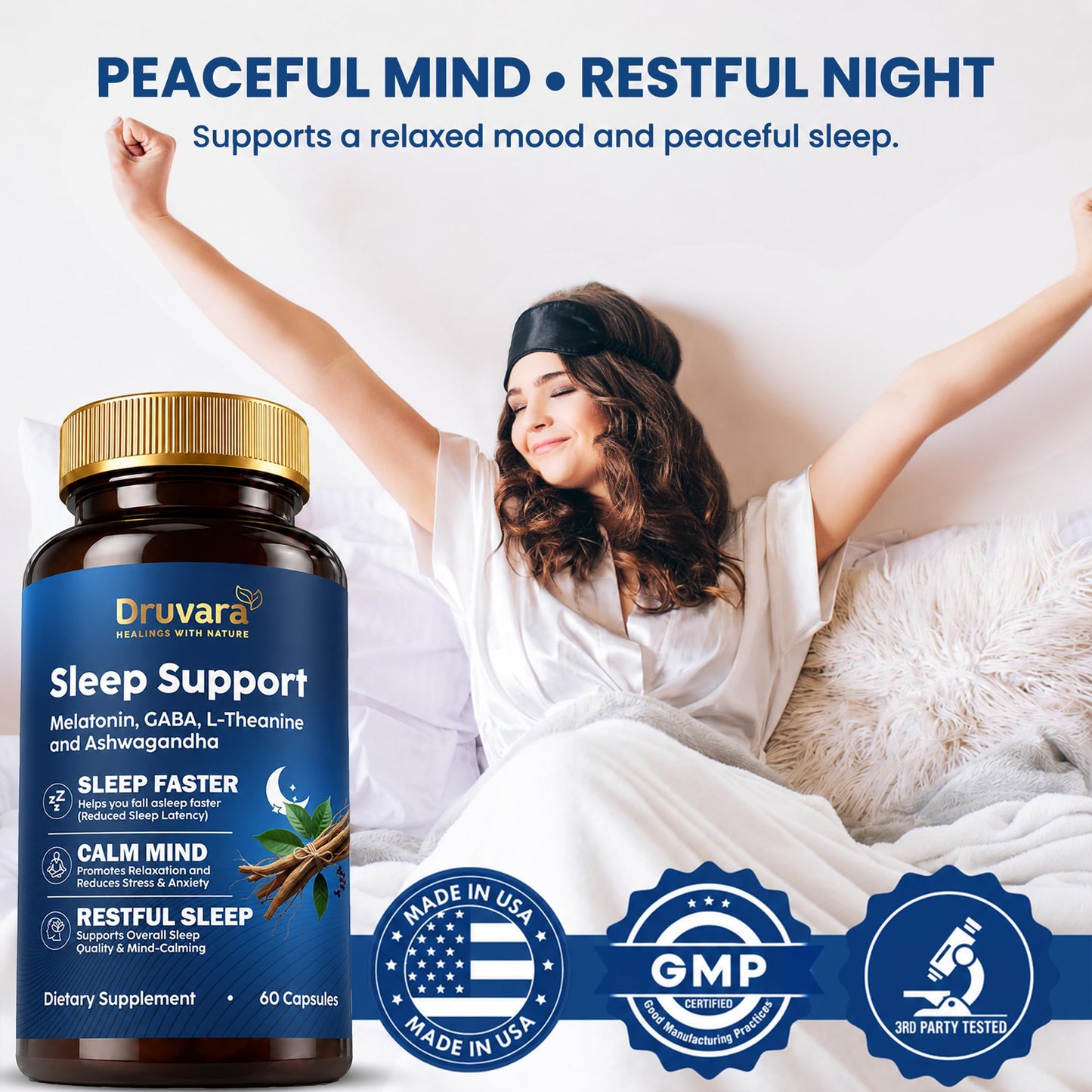 Druvara Natural Sleep Aid for Adults with Melatonin, GABA, L-Theanine & Ashwagandha, 60 Capsules