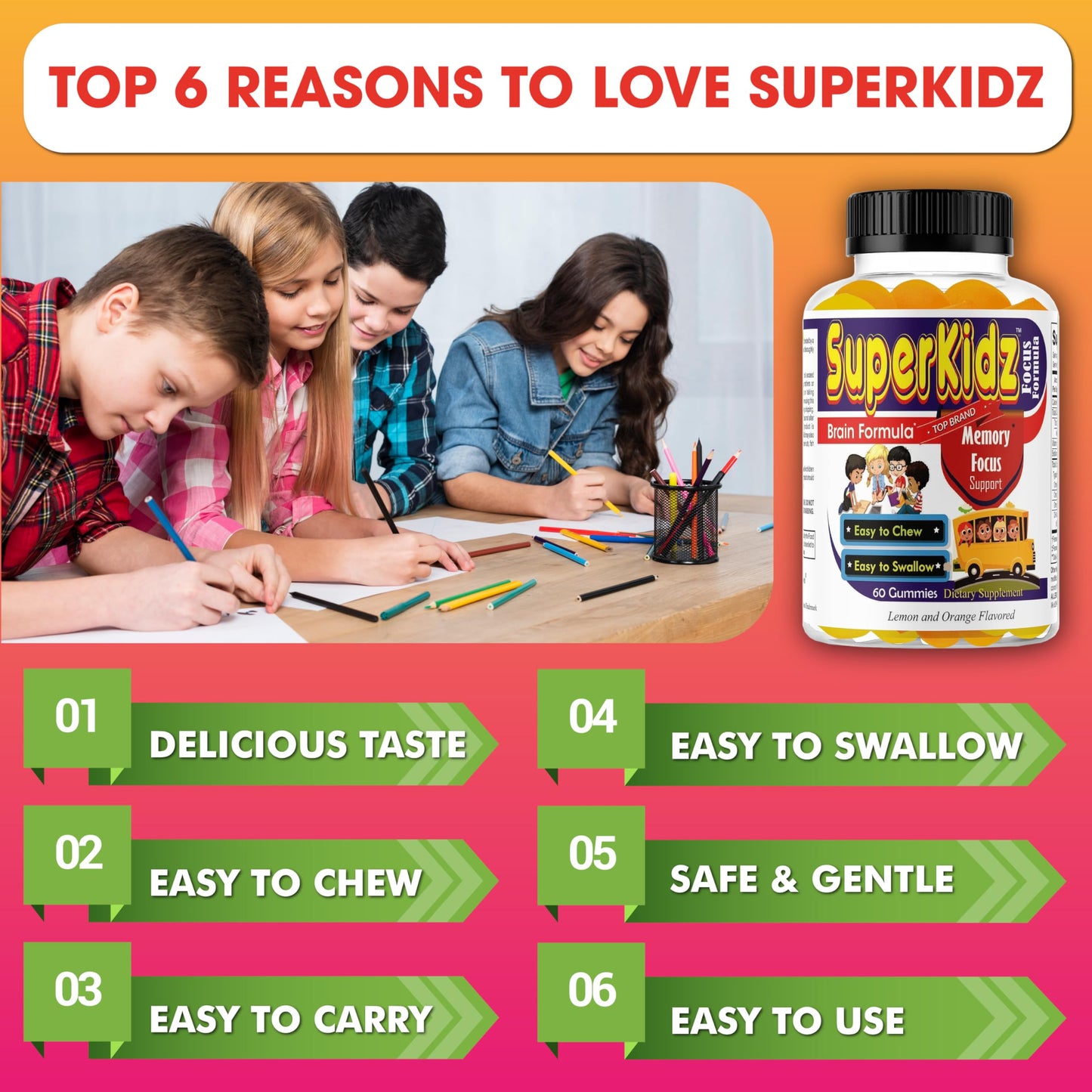 Celebrity LifeStyle Product Superkids Kids Focus Gummies with Omega-3 DHA, Brain Support for Kids & Teens, 60 Count