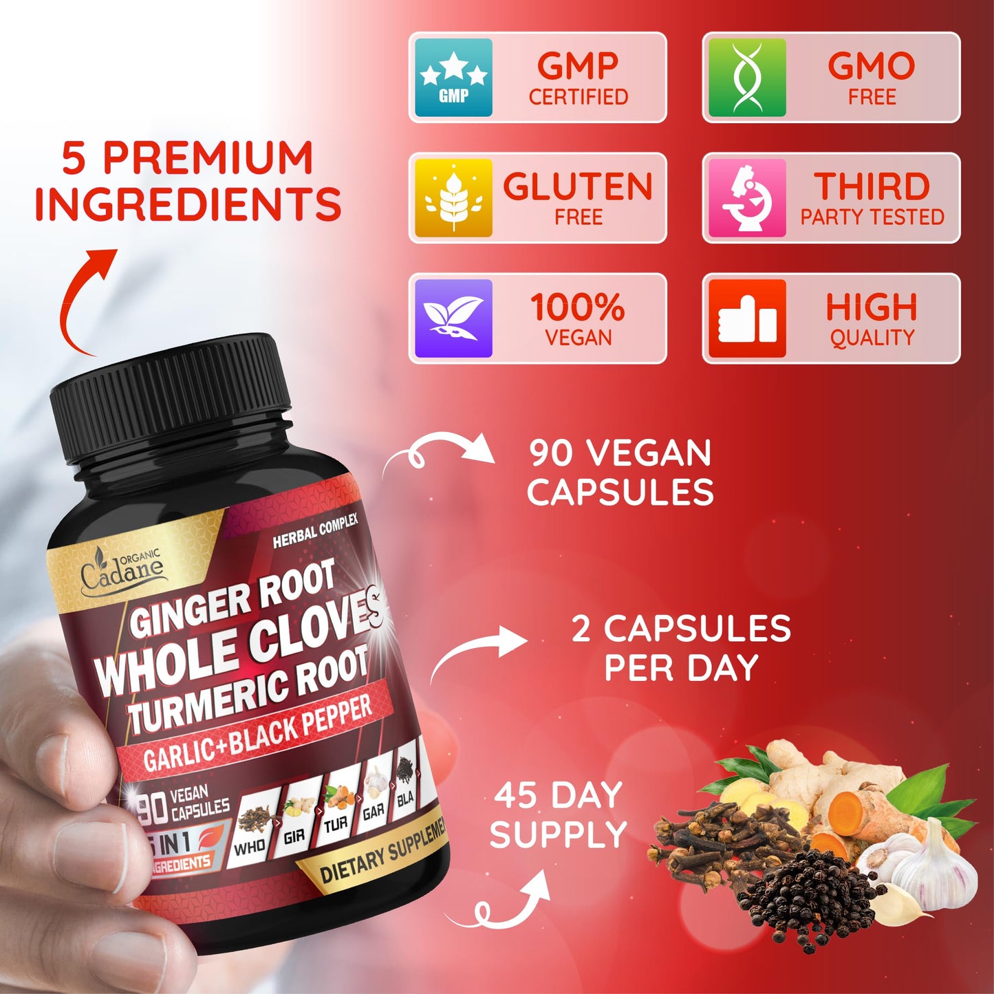 Organic Cadane 5in1 Whole Cloves Herbal Blend Capsule, 90 Count