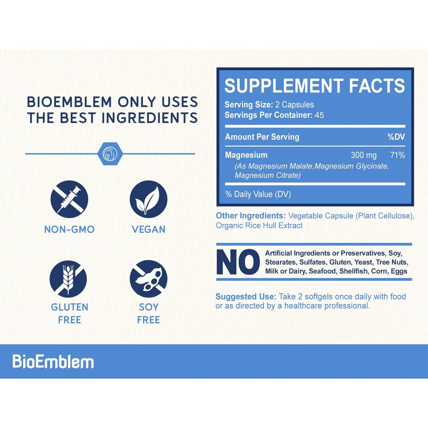 BioEmblem Triple Magnesium Complex 300mg Magnesium Glycinate, Malate & Citrate Capsules, 90 Capsules