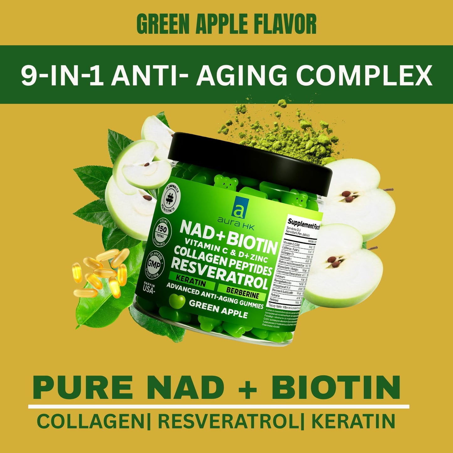 Aura HK NAD+ Biotin, Resveratrol, Berberine & Anti-Aging Gummies Apple Flavor, 120 Gummies