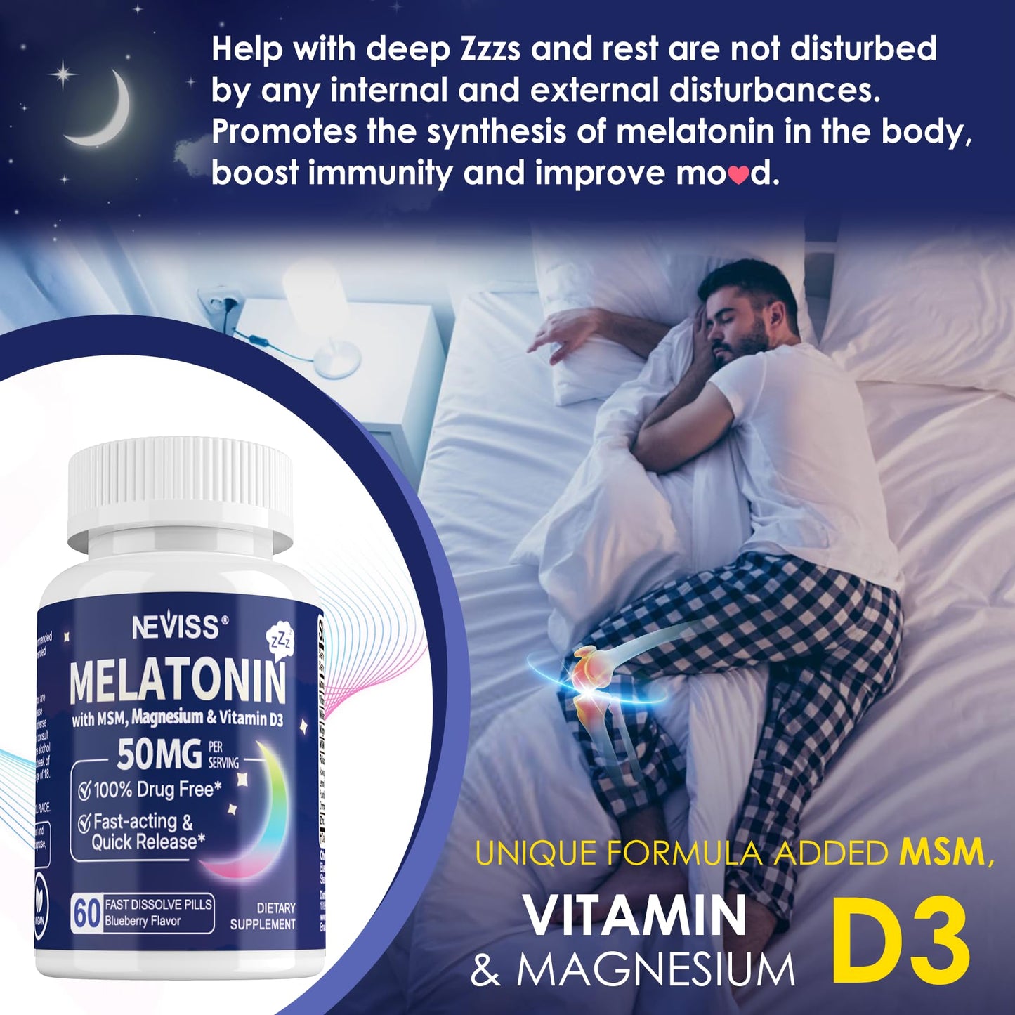 NEVISS Melatonin 50 mg Fast Dissolve Tablets + Ultra High Dose Melatonin 100 mg, 195 Tablets