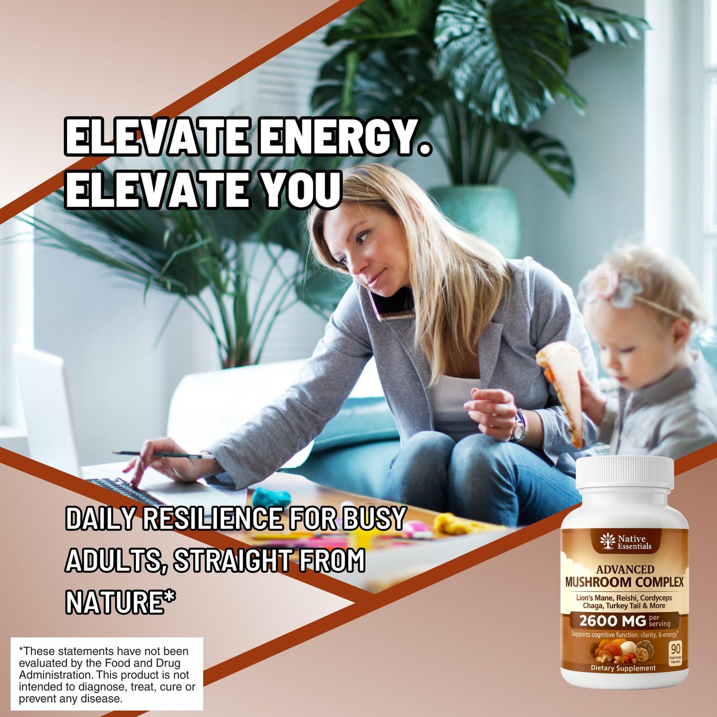 Native Essentials 10-in-1 Mushroom Complex with Lions Mane, Reishi, Cordyceps - 2600mg Focus Energy Immune Support, 90 Capsules