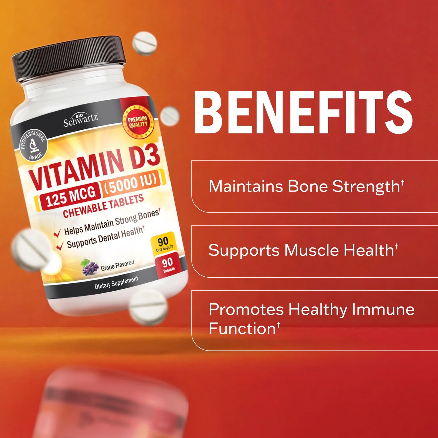 BioSchwartz Vitamin D3 5000 IU (125 mcg) Chewable Tablets, 90 Count