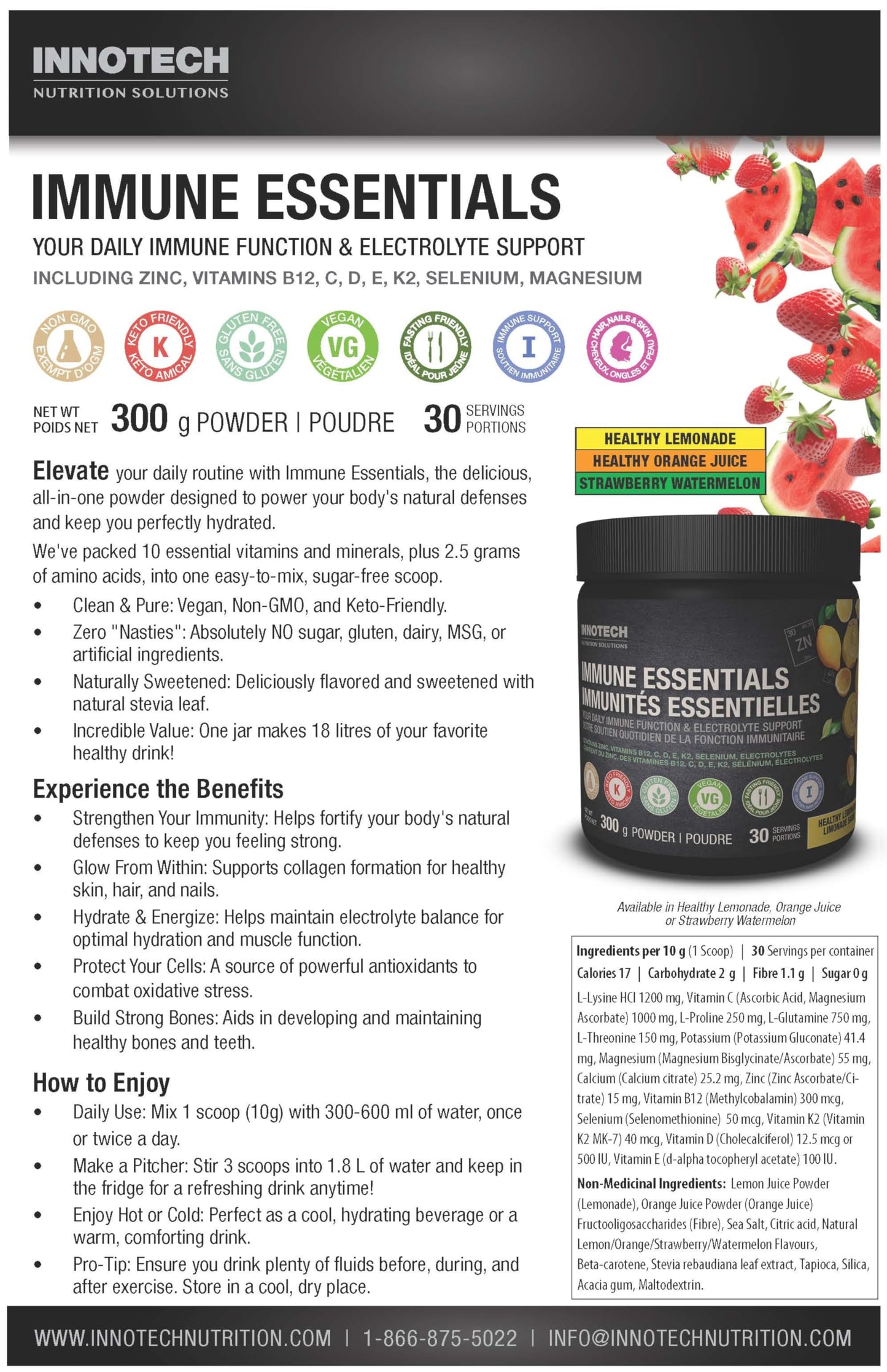 Innotech Nutrition Solutions Immune Essentials Immune Support & Hydration Zinc Vitamin D3 & Vitamin C Healthy Lemonade Powder, 10.6 oz