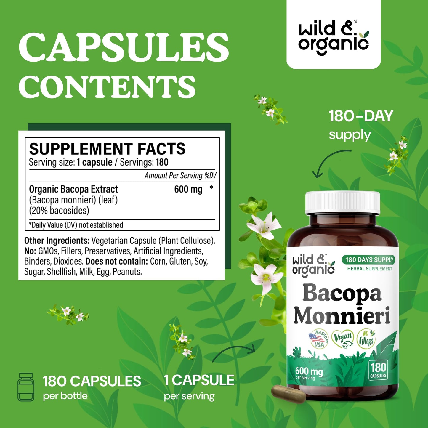 Wild & Organic Bacopa Monnieri Capsules 600 mg, 180 Count
