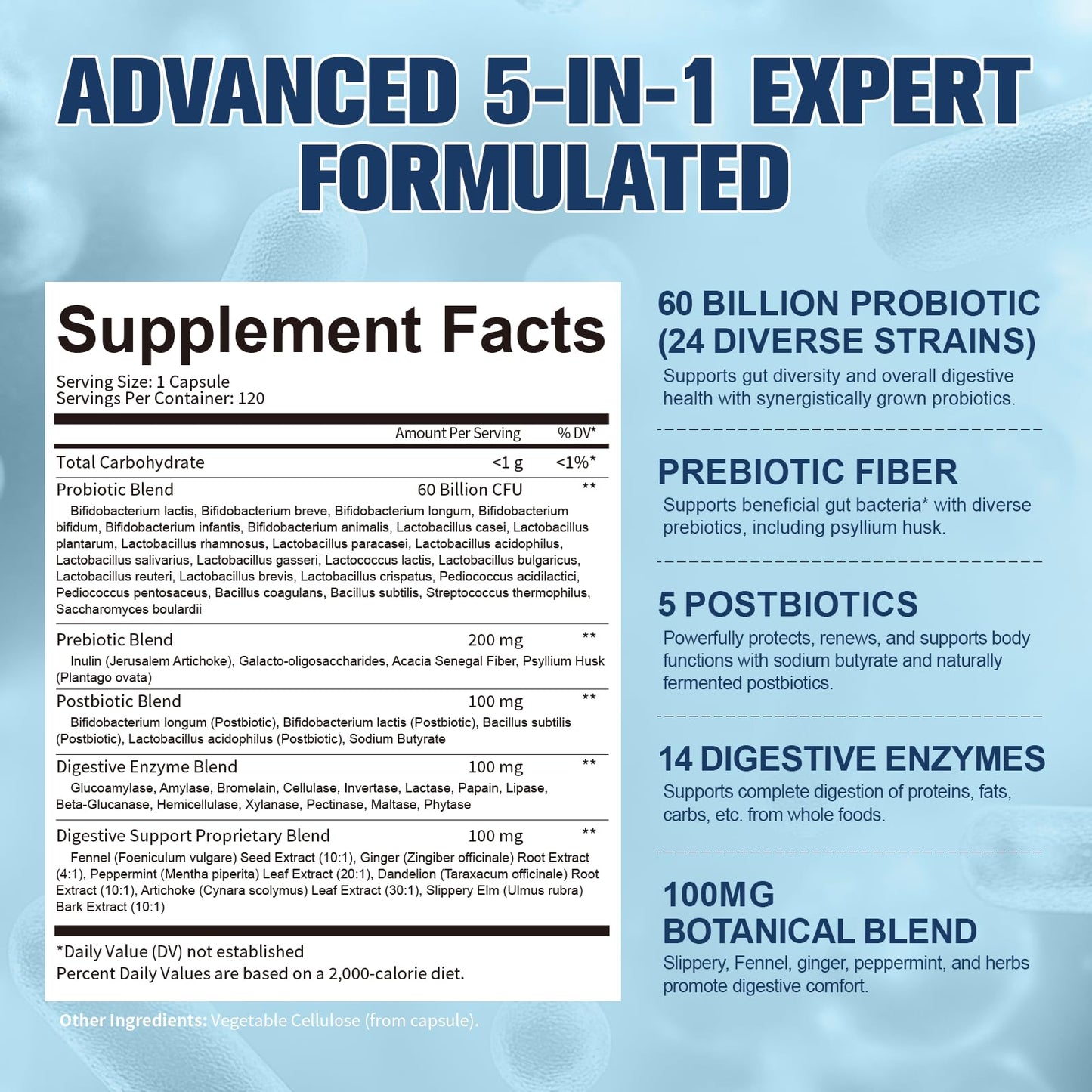 Totaria 5-in-1 Probiotic Prebiotic & Postbiotic for Women Men, 60 Billion CFU, 24 Strains with Digestive Enzymes, Slippery Elm, Daily Complete Gut Health, Digestive & Immune Support, 240 Capsules