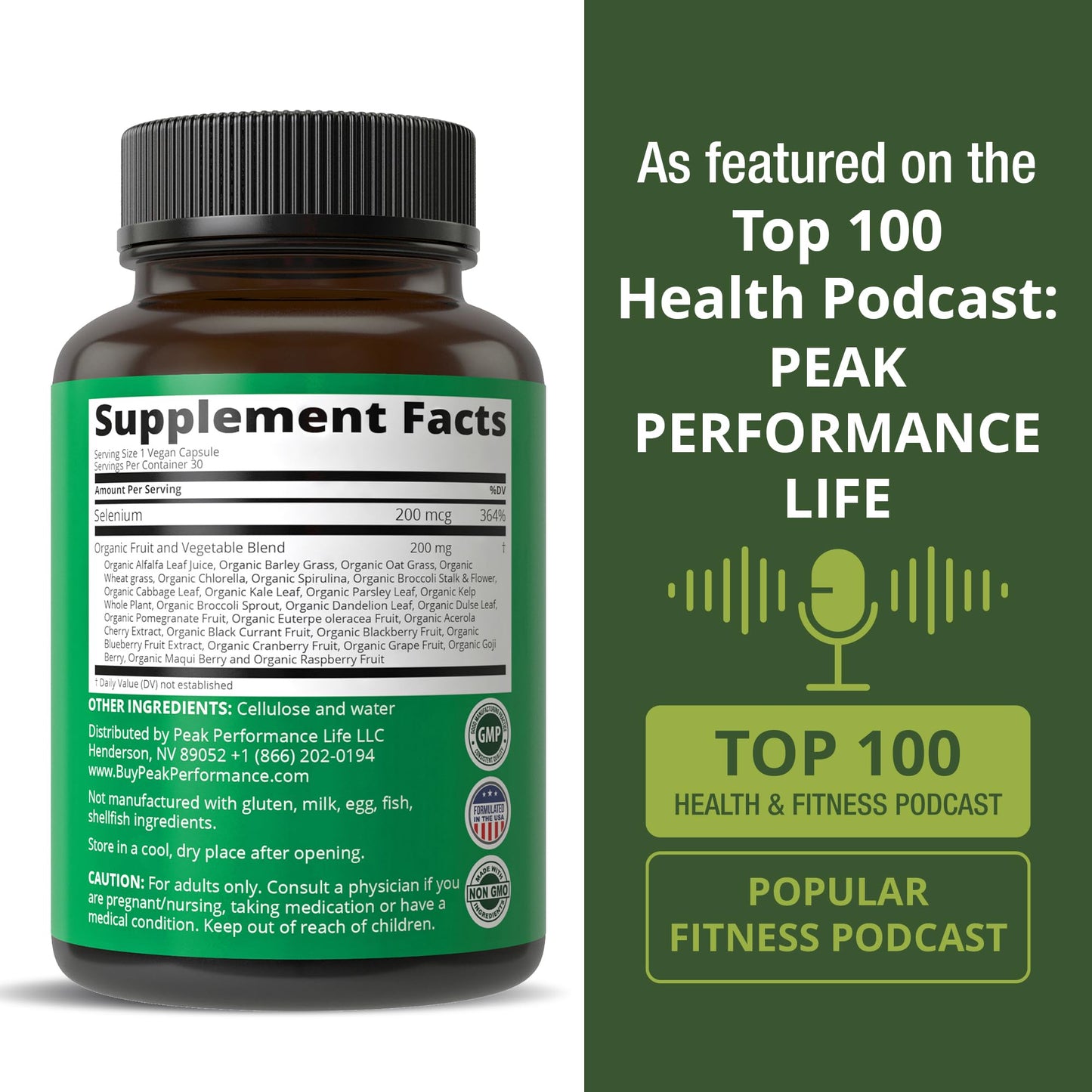Peak Performance Selenium Supplement with Whole Food Blend of 25+ Vegetables and Fruits Capsules 30 Count