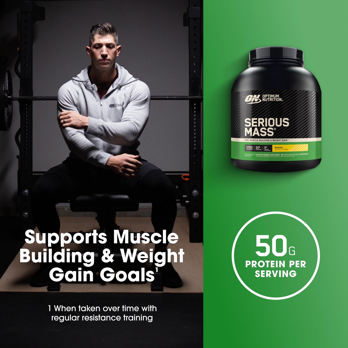 Optimum Nutrition Serious Mass, Weight Gainer Protein Powder, Mass Gainer, Vitamin C and Zinc for Immune Support, Creatine, Banana, 6 Pound (Packaging May Vary)