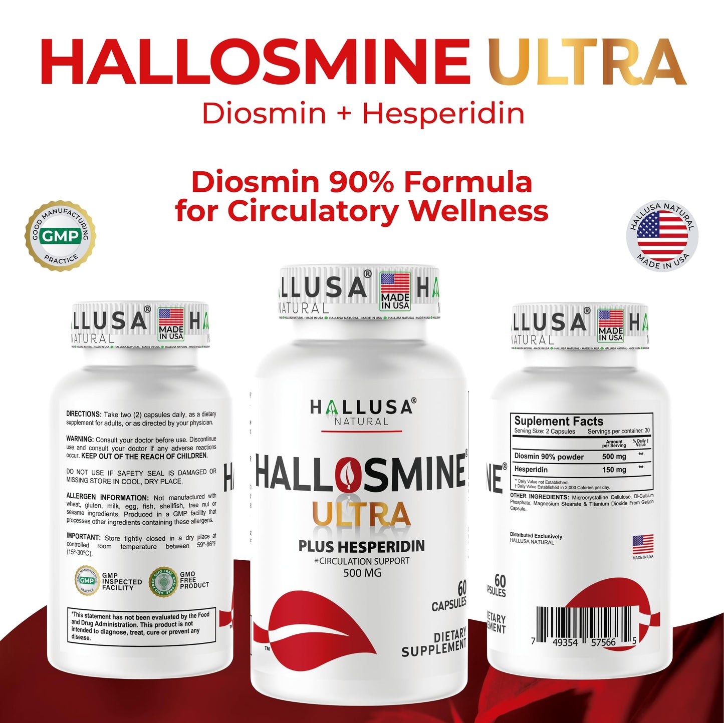 Hallusa Natural Hallosmine Ultra Diosmin 500mg & Hesperidin 150mg Capsules, 120 Count