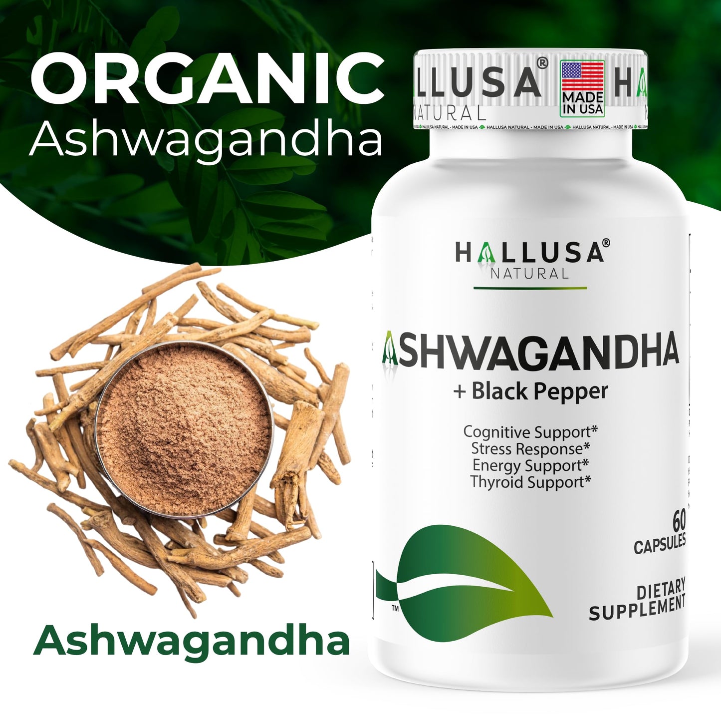 Hallusa Natural Organic Ashwagandha with Black Pepper 1050 mg, 60 Capsules