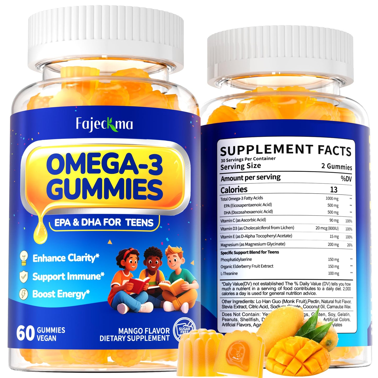 Fajeckma Omega-3 1000mg Gummies for Teens, Vegan Algae EPA/DHA, Vitamin D3, Magnesium & Elderberry, 120 Gummies