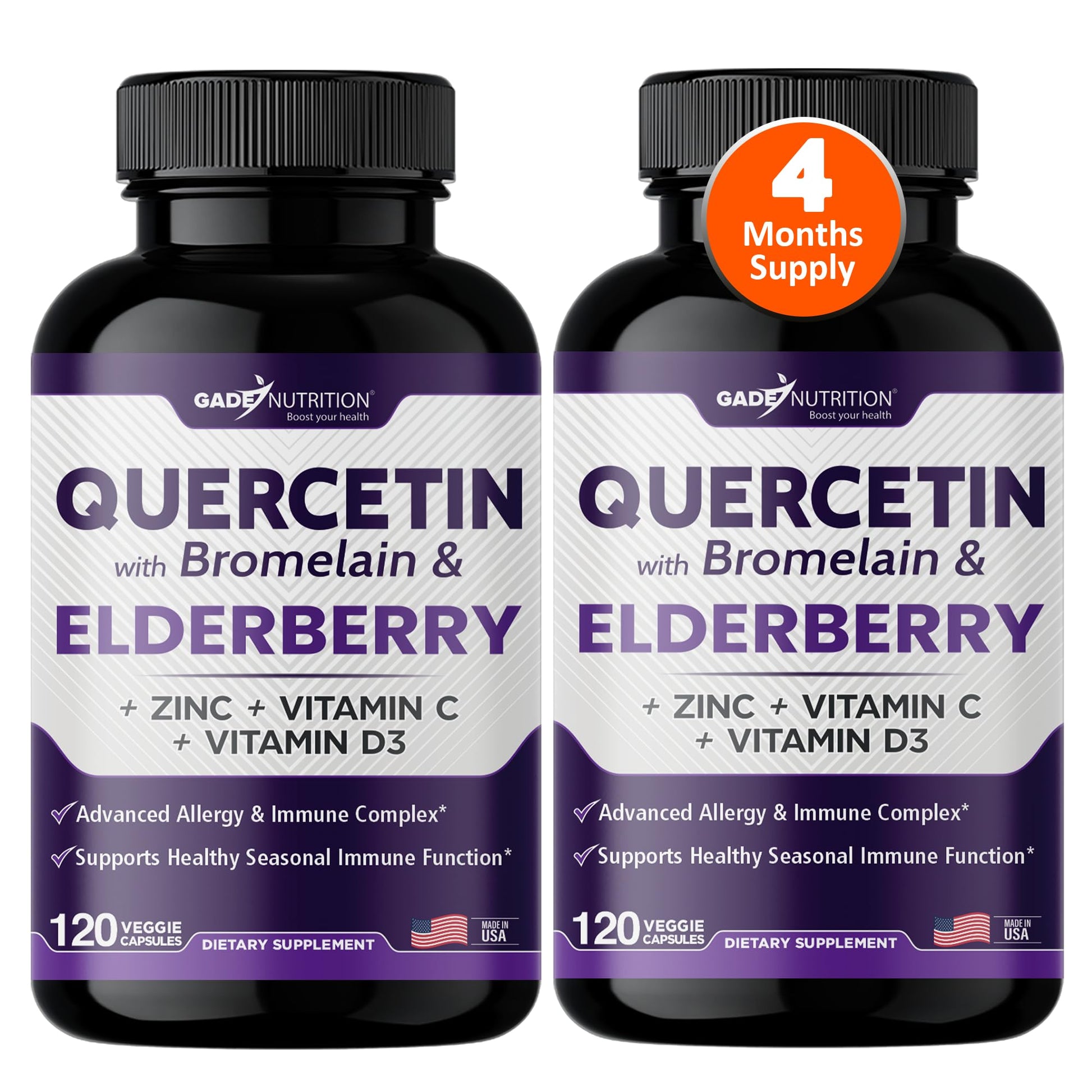 GADE NUTRITION BOOST YOUR HEALTH Quercetin with Bromelain, Elderberry, Vitamin C and Zinc 240 Capsules
