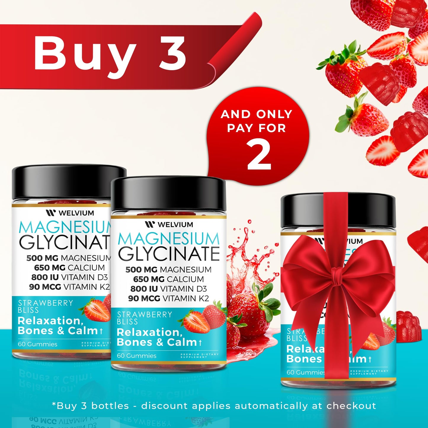 WELVIUM Magnesium Glycinate Gummies with Ashwagandha, L-Theanine, 60 Gummies